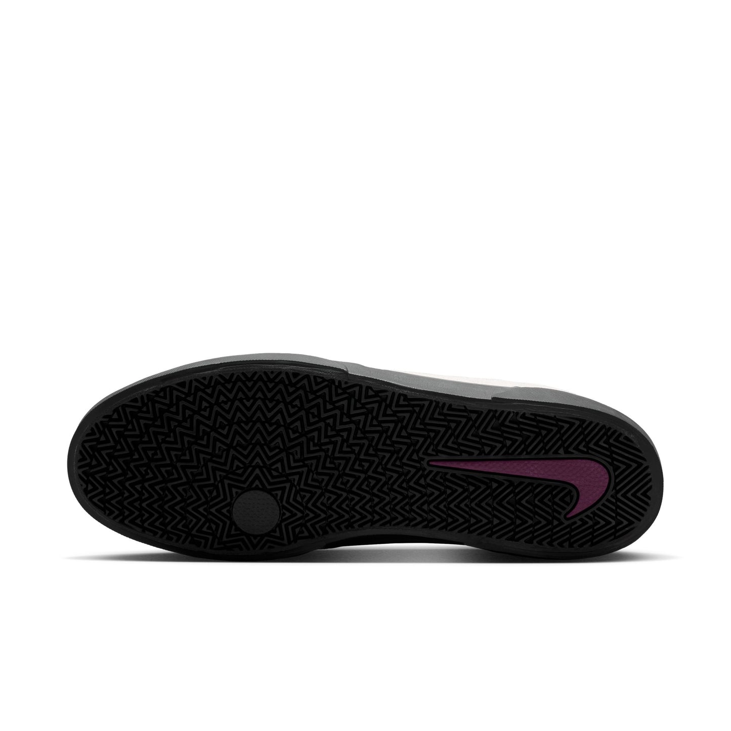 Black sneaker sole with a purple swoosh logo on a white background