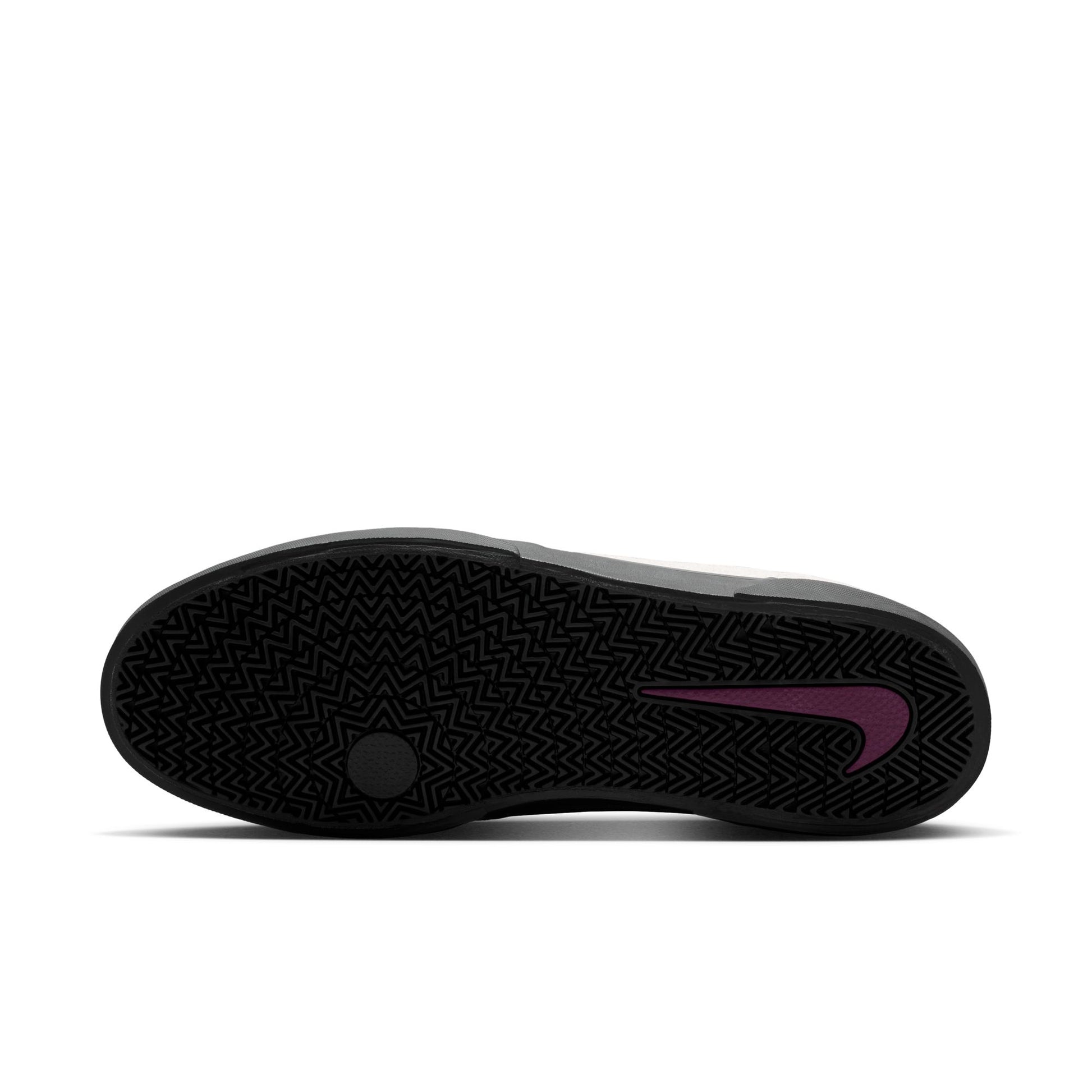 Black sneaker sole with a purple swoosh logo on a white background