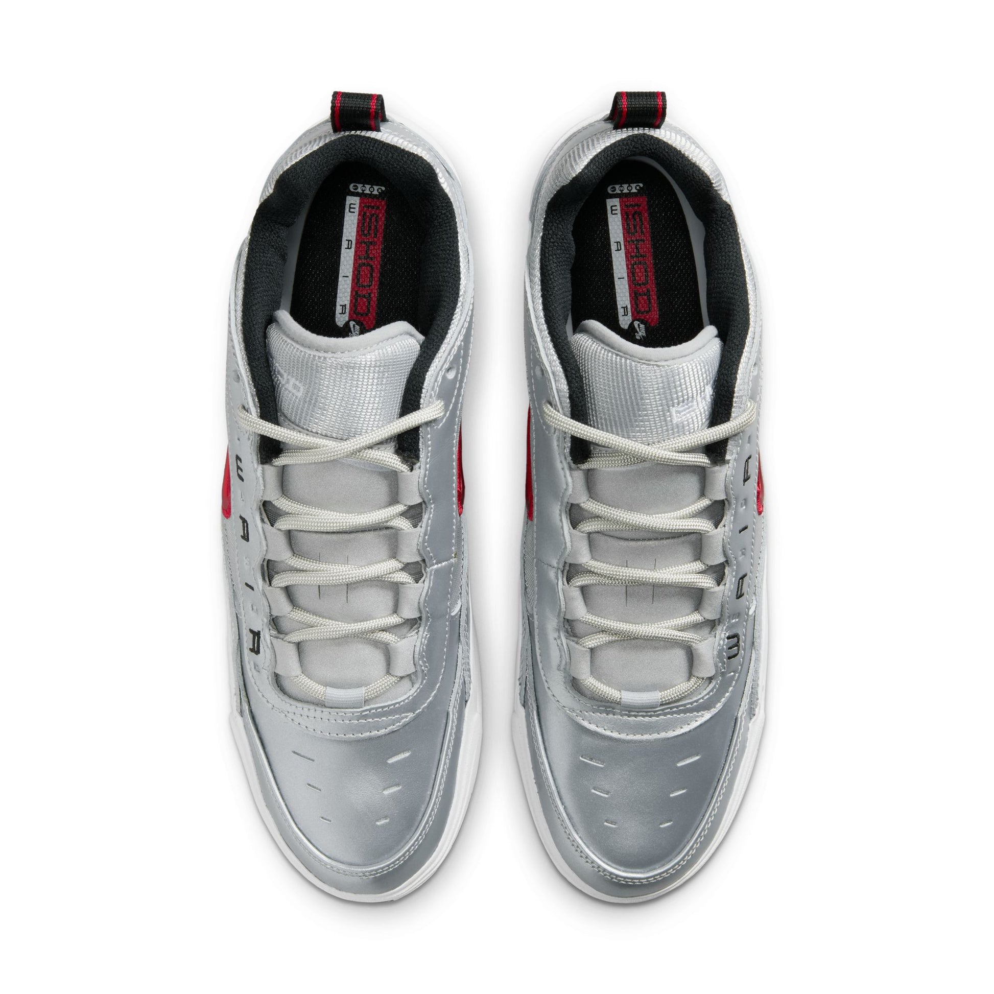 top down view of silver leather ishod wait max with red swoosh, and white/black sole