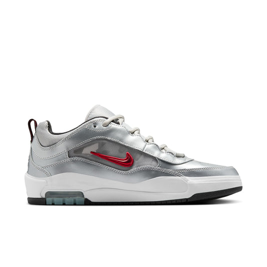 side view of silver leather ishod wait max with red swoosh, and white/black sole