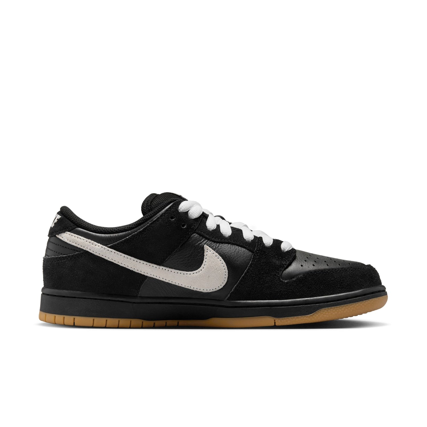 side view of black leather and suede low top skateboard shoe with black and gum sole