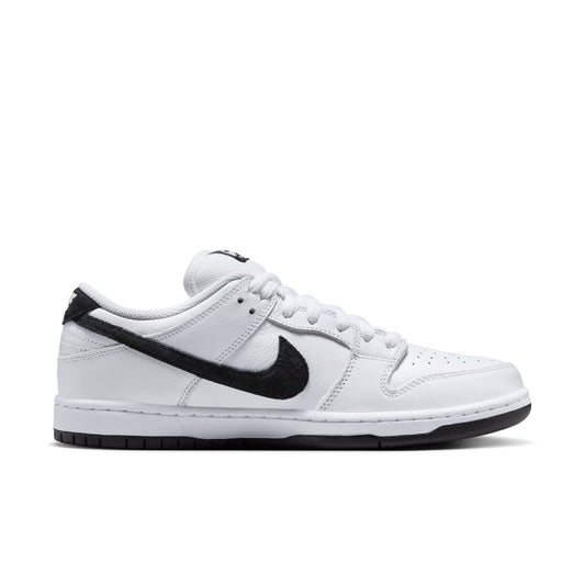 side view of white and black leather lowtop skateboard sneaker