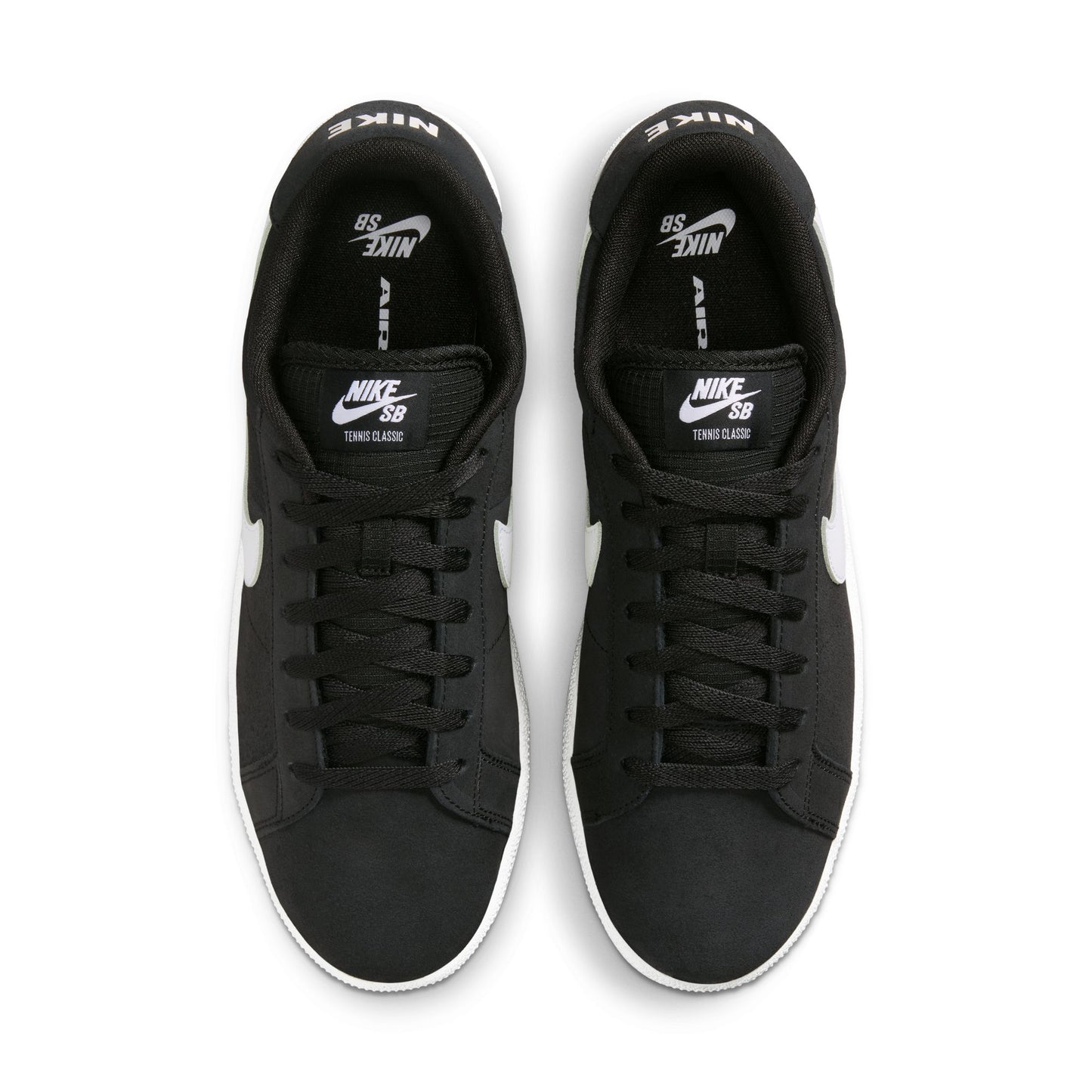 Black Nike SB sneakers with white accents on a white background