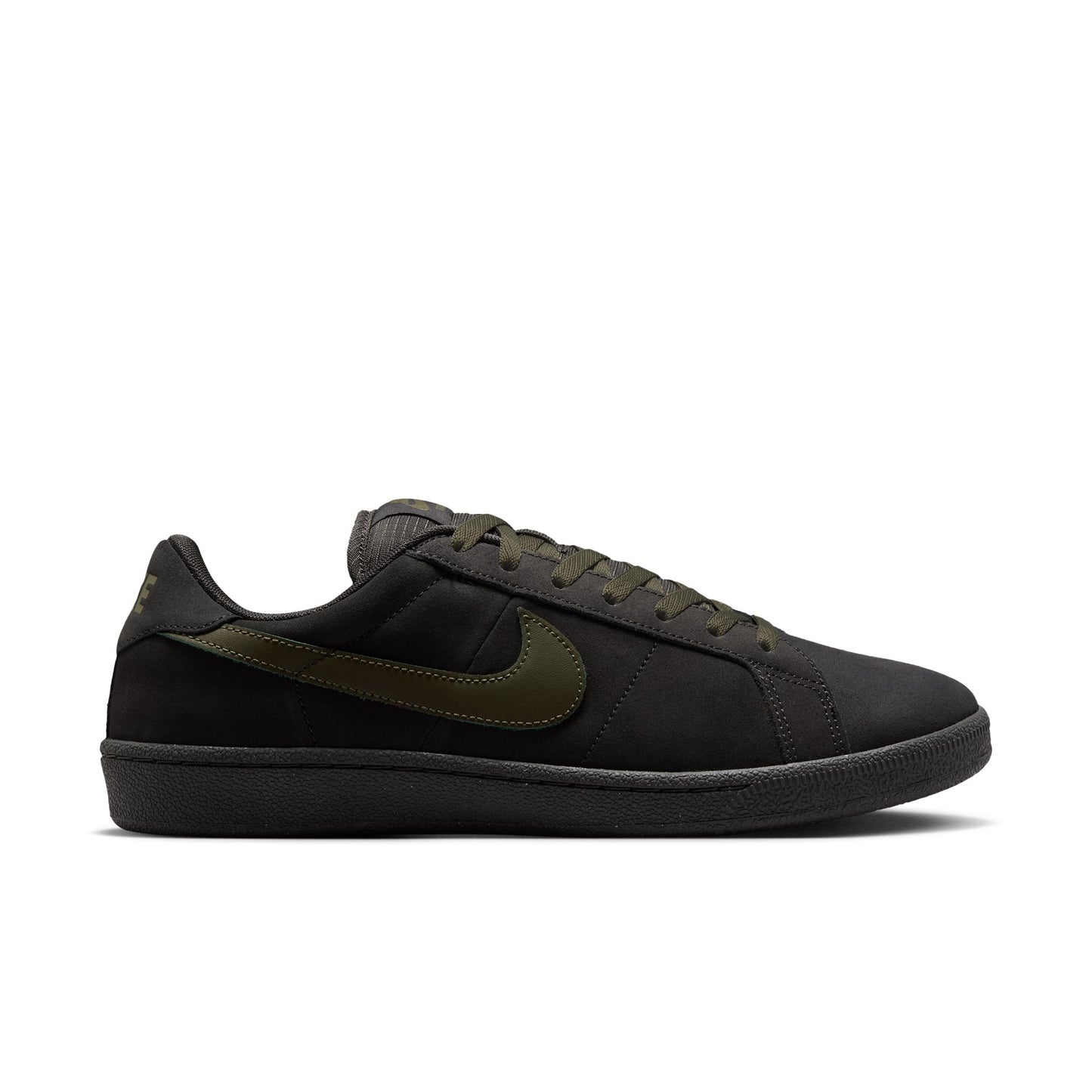 Black sneaker with olive nike logo on a white background