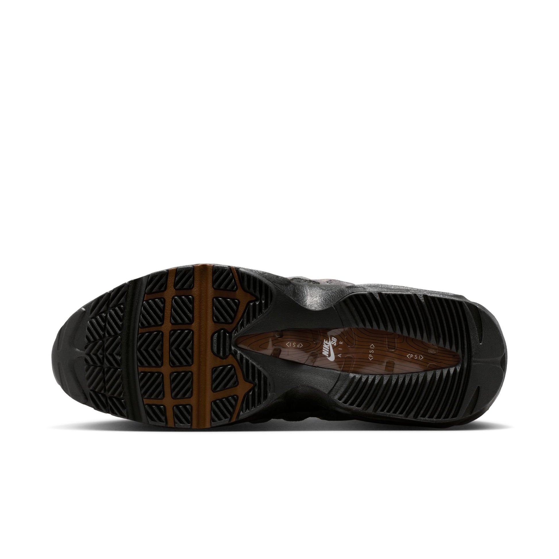 Black sneaker sole with brown tread pattern on a white background