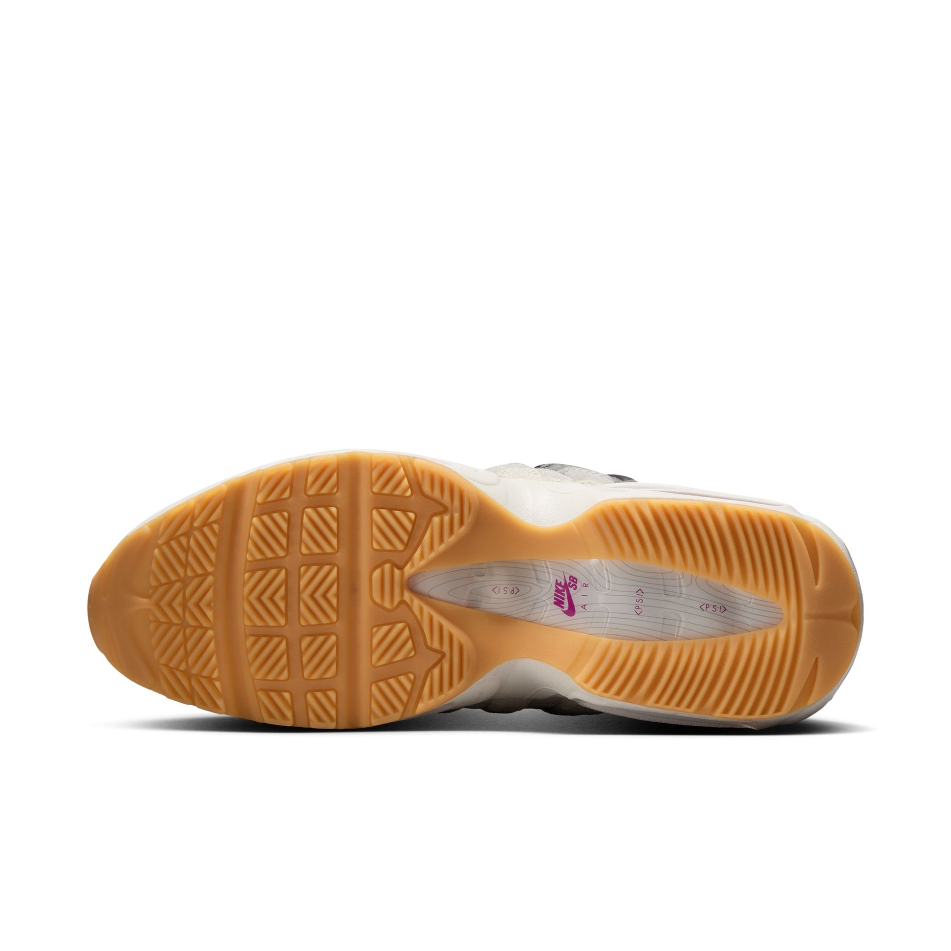 Sole of a sneaker with brown sole and white midsole on a white background