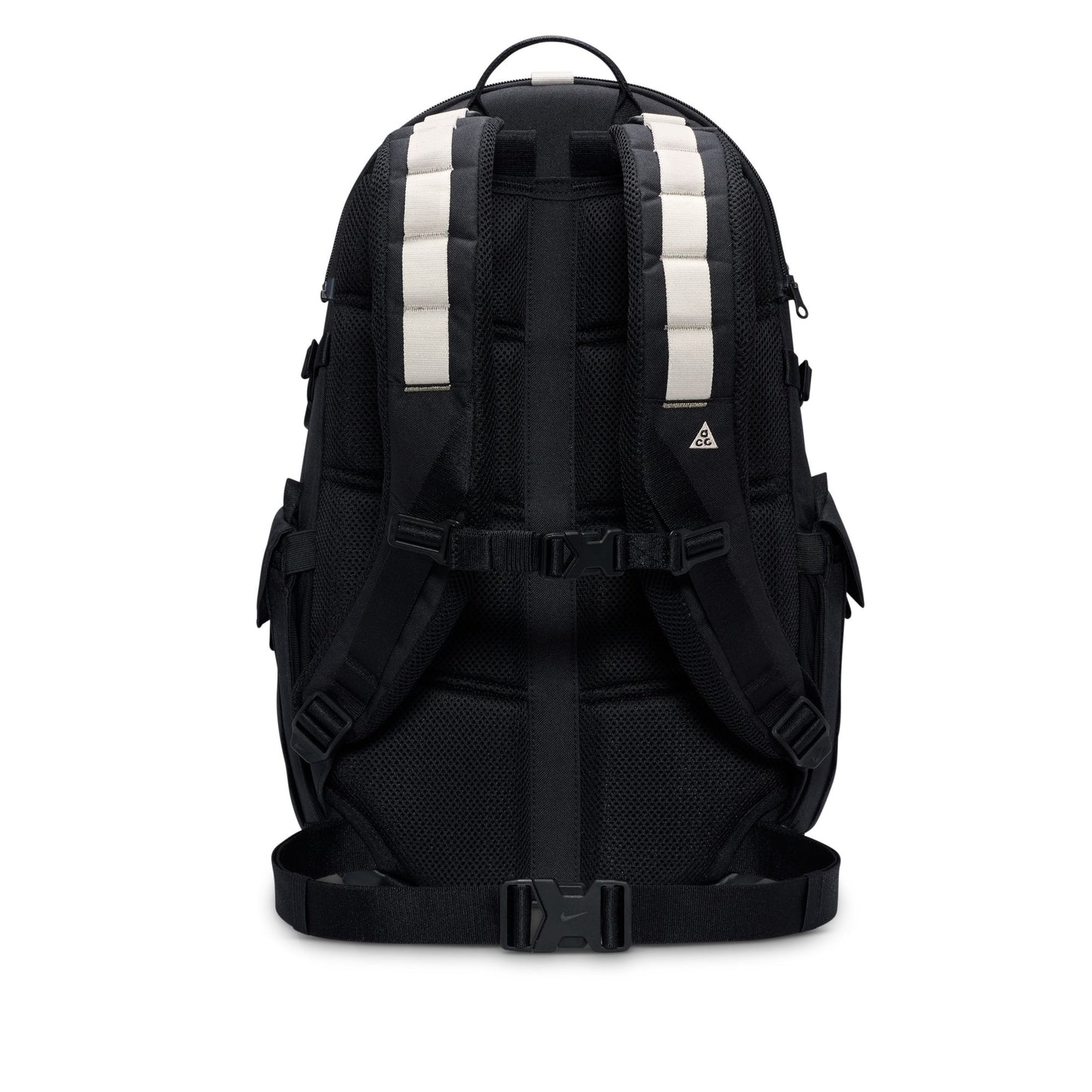 Black backpack with reflective stripes on a white background