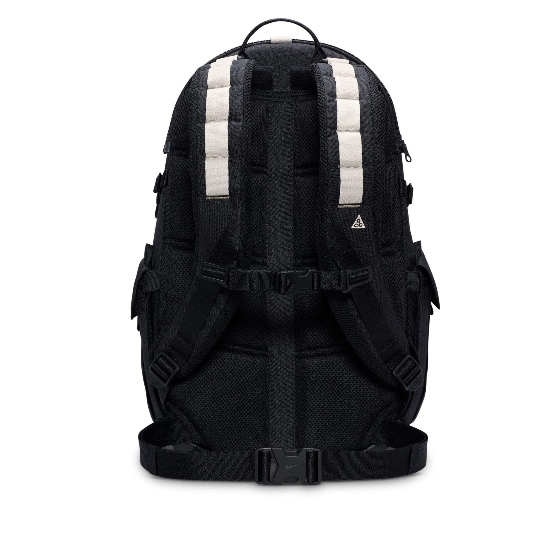 Black backpack with reflective stripes on a white background