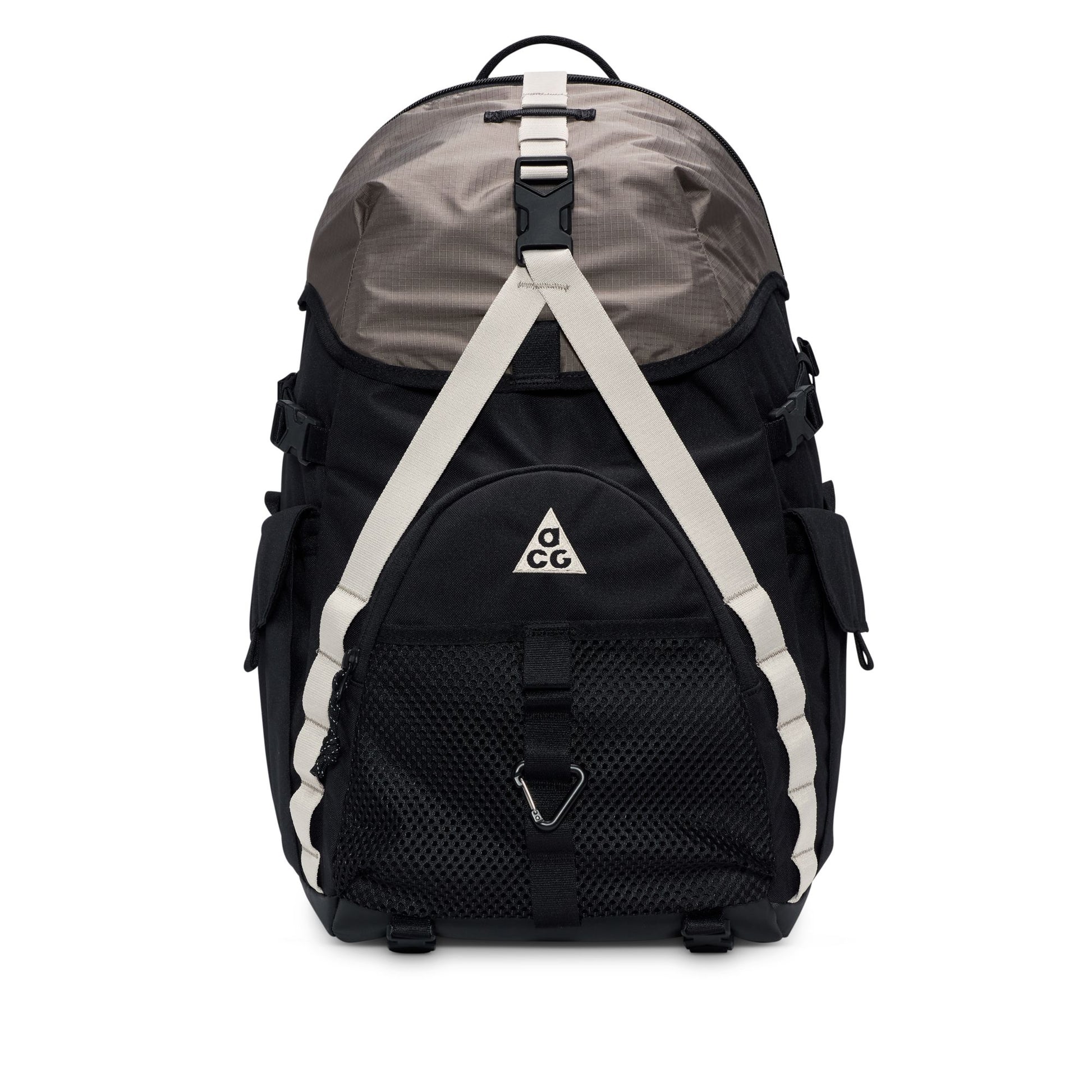 Black and gray backpack with a visible ACG brand logo on a white background