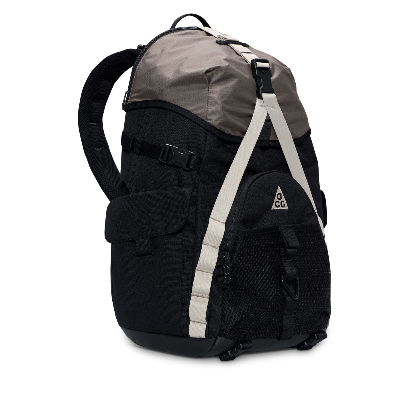 Black and gray backpack with a visible brand logo on a white background