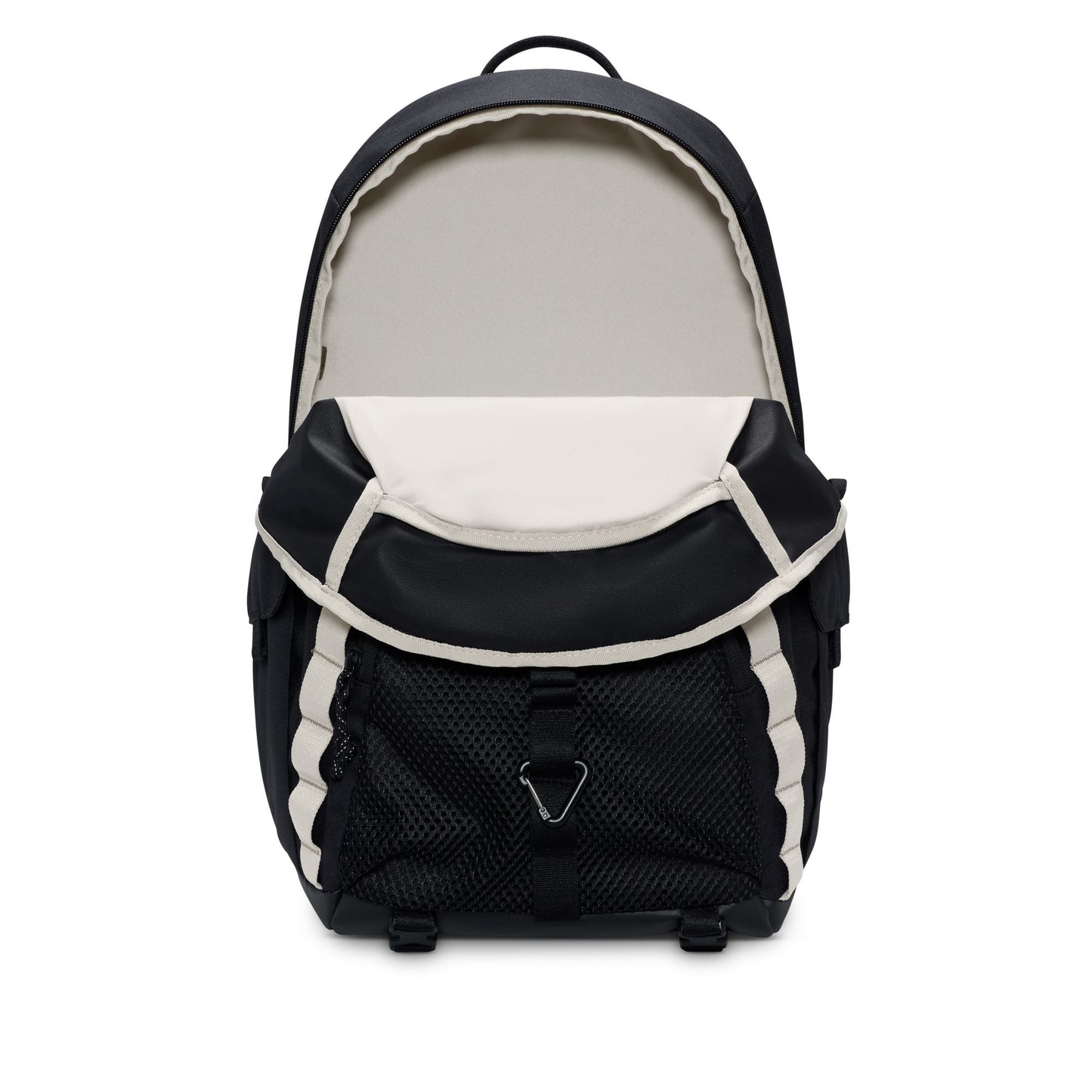 front view of open pocket Black and white backpack on a white background