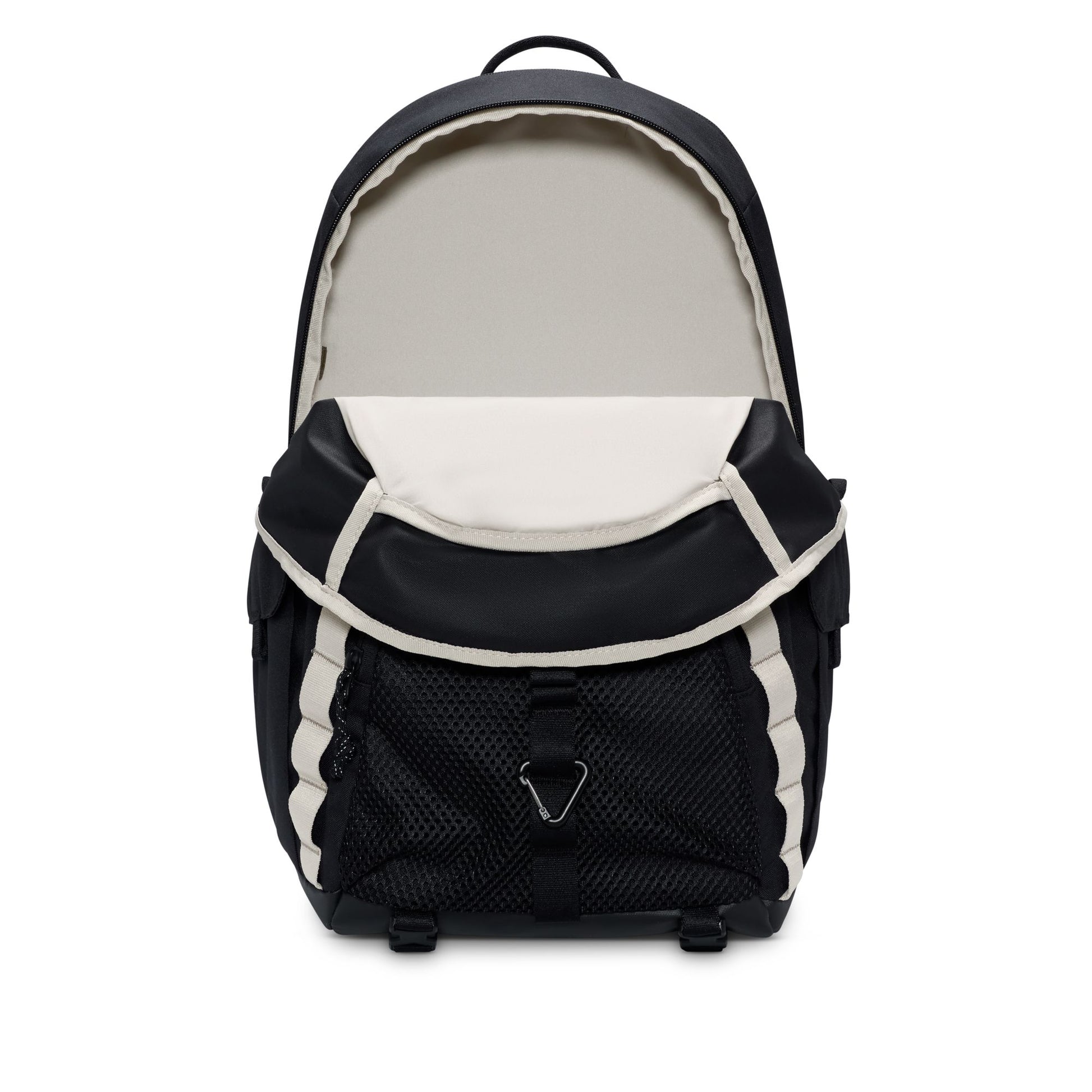 front view of open pocket Black and white backpack on a white background