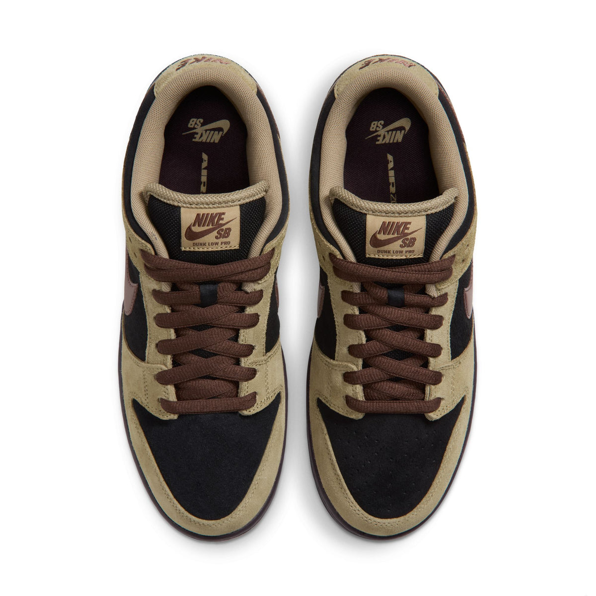 A pair of Nike SB Dunk Low sneakers shown from a top-down view on a white background. The shoes feature a colorway of black suede, tan canvas, and dark brown laces and accents.
