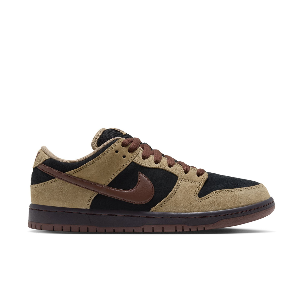 A Nike Dunk Low sneaker in a brown and black colorway, featuring tan suede overlays, black leather panels, a brown Swoosh, and a dark brown sole, shown from a side profile on a white background.
