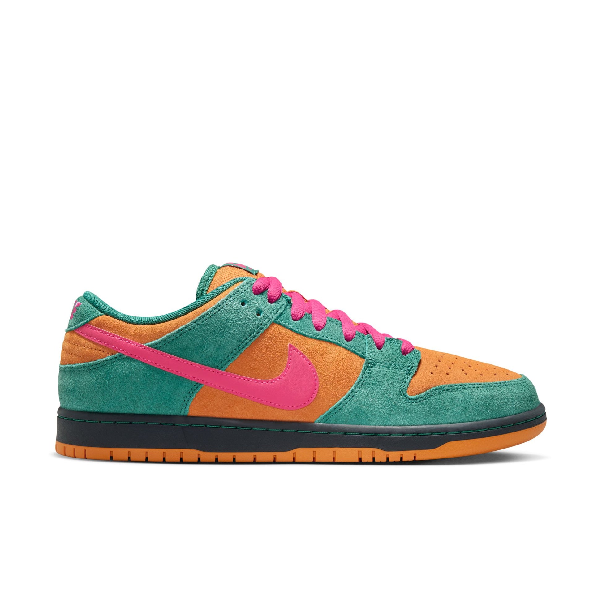 Multicolored sneaker with a pink logo on a white background