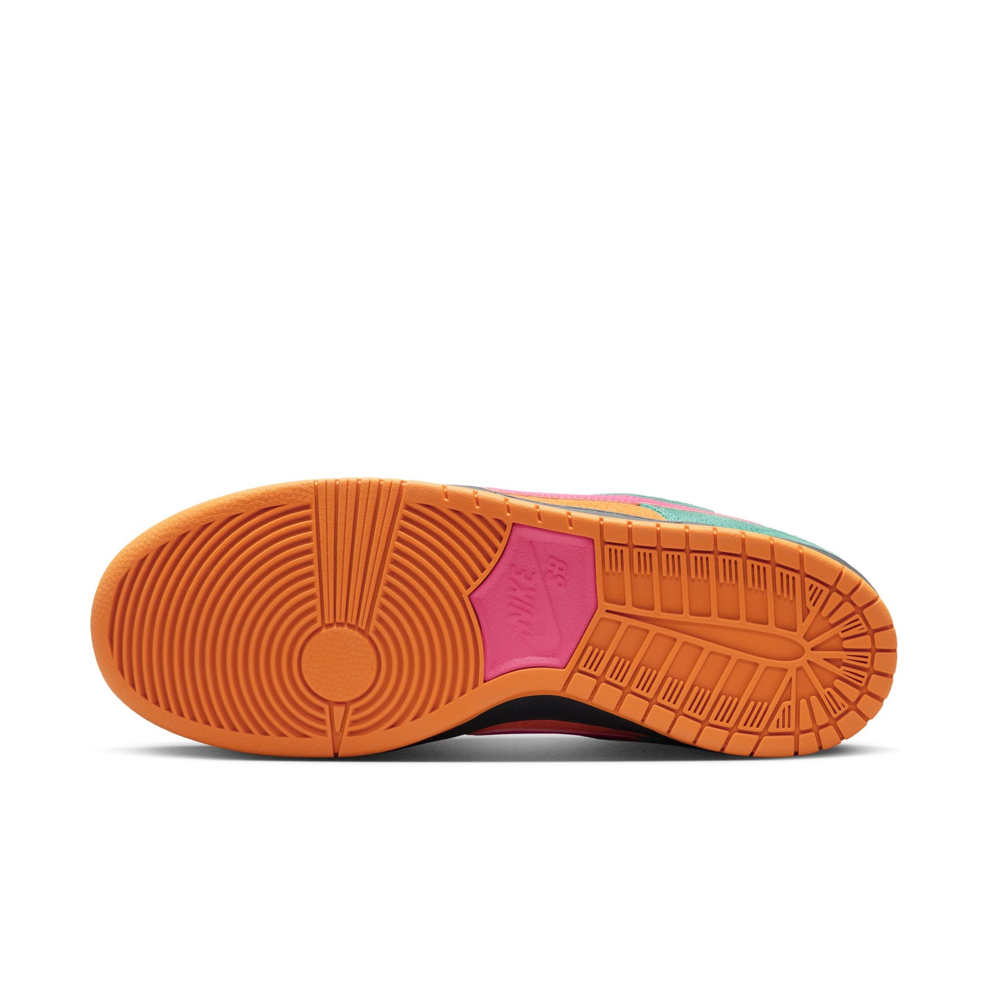 Sole of a sneaker with orange tread pattern on a white background