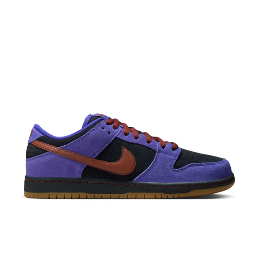 Purple and black sneaker with brown accents on a white background