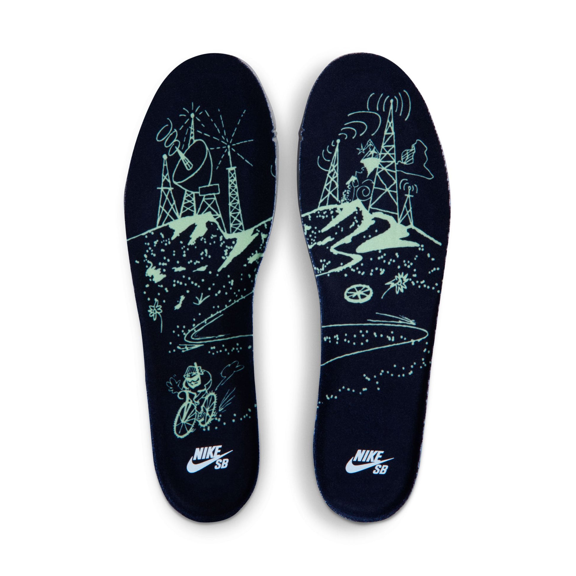 Glow-in-the-dark insoles with space-themed design and Nike SB logo on a white background