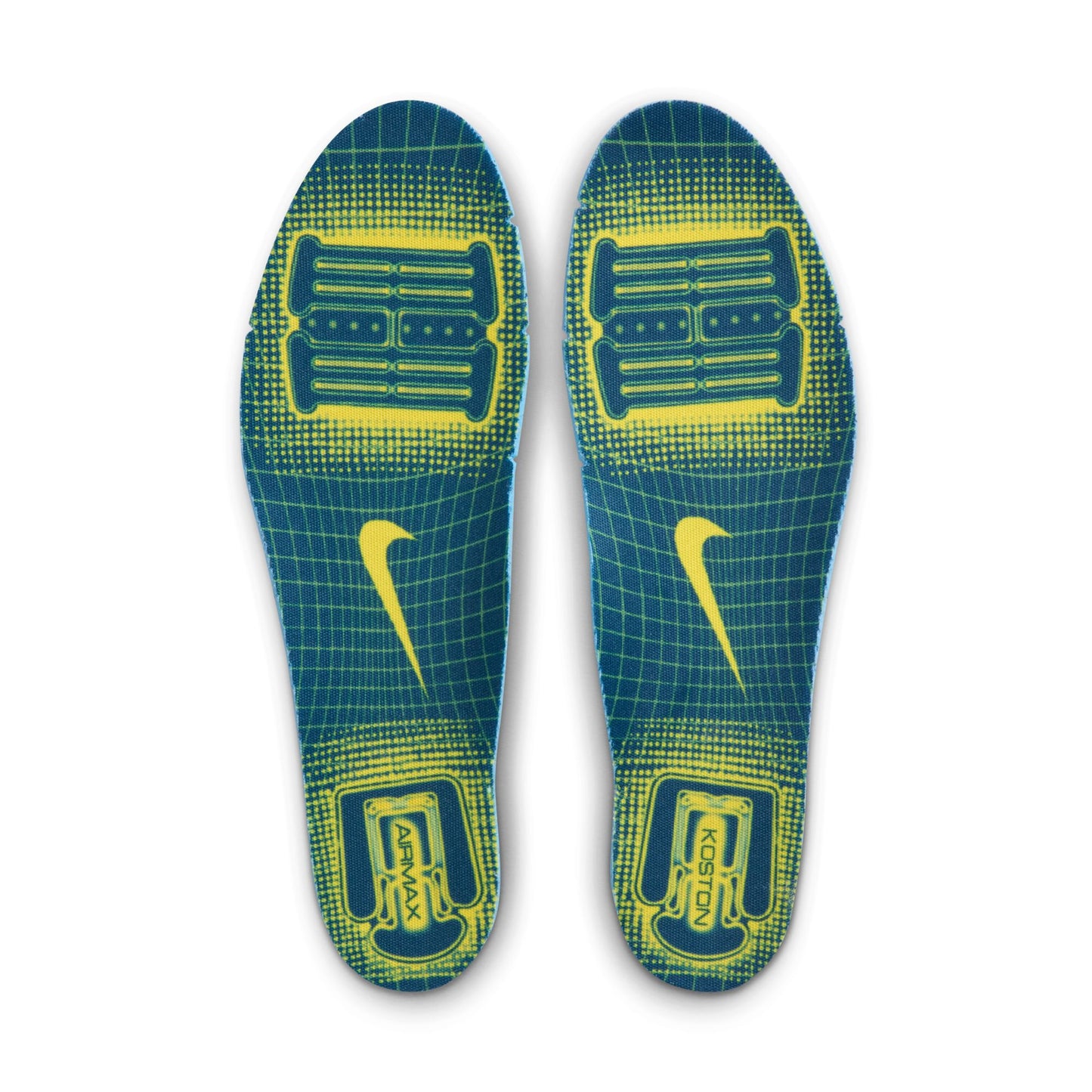 Pair of blue and yellow shoe insoles with Nike logo on a white background