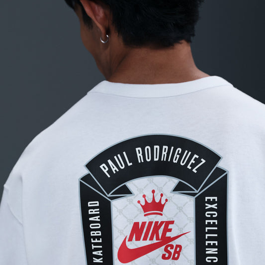 Person wearing a white t-shirt with 'Paul Rodriguez' and Nike SB logo on the back