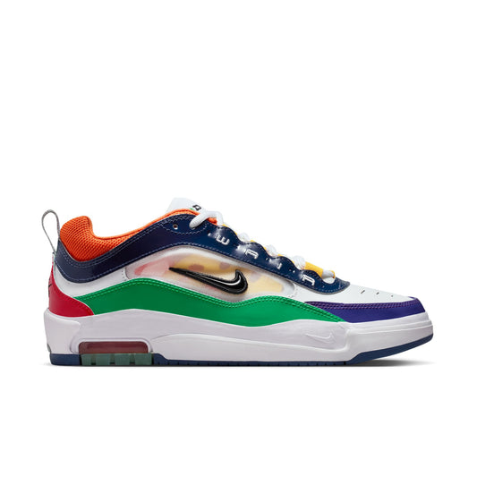 Multicolored sneaker with a prominent nike ogo on a white background