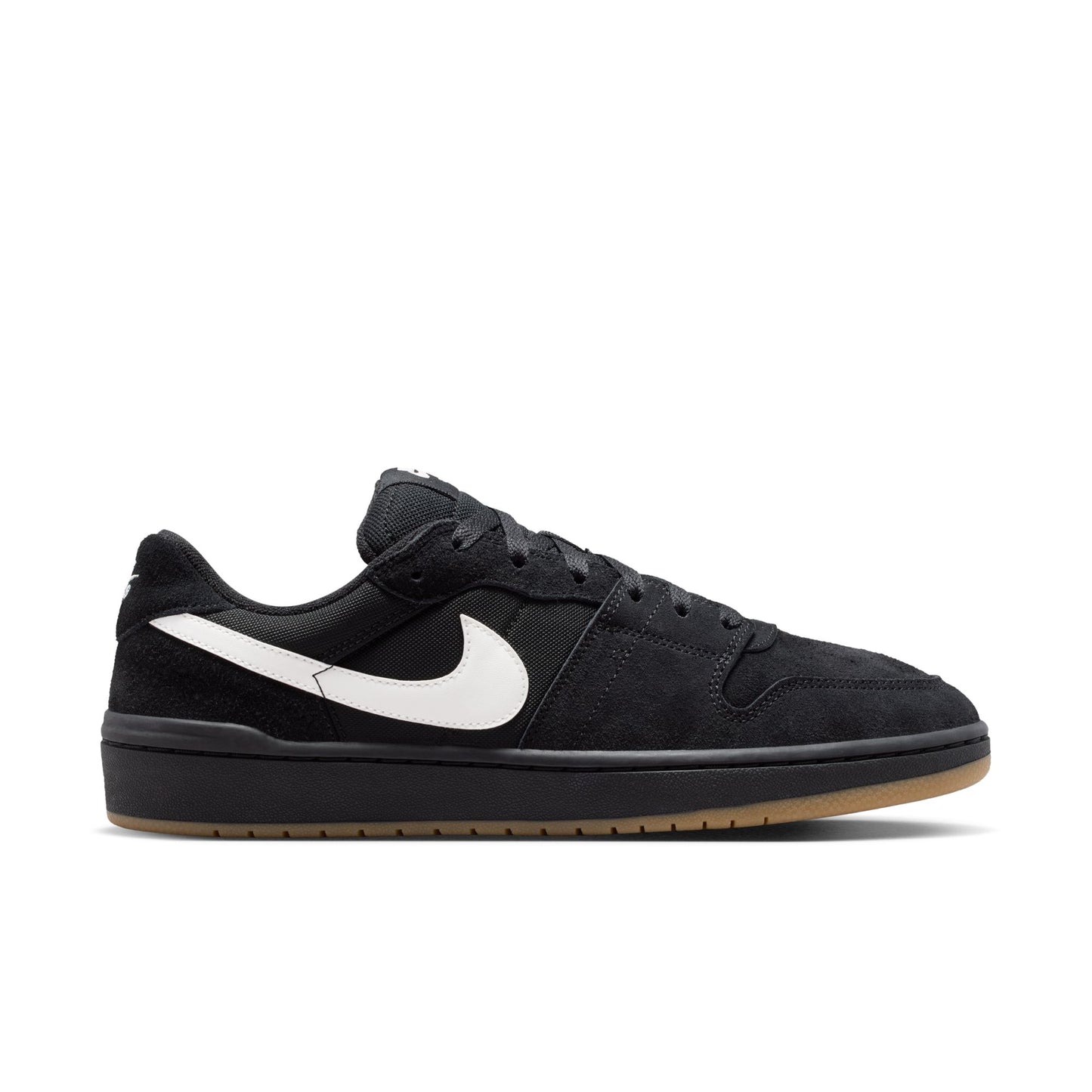 Black Nike sneaker with white swoosh logo on a white background