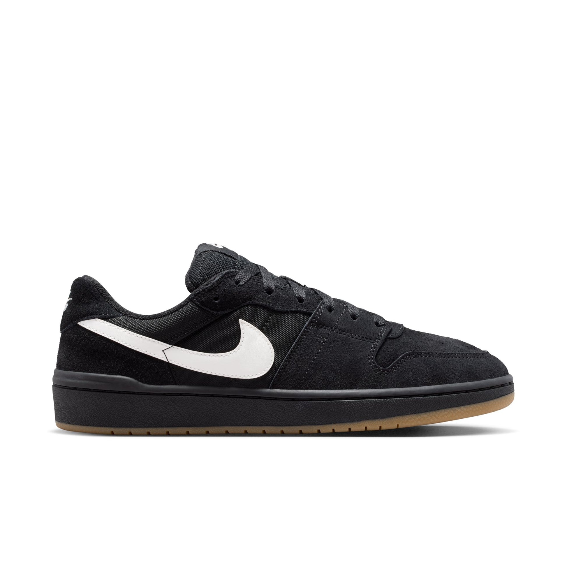 Black Nike sneaker with white swoosh logo on a white background