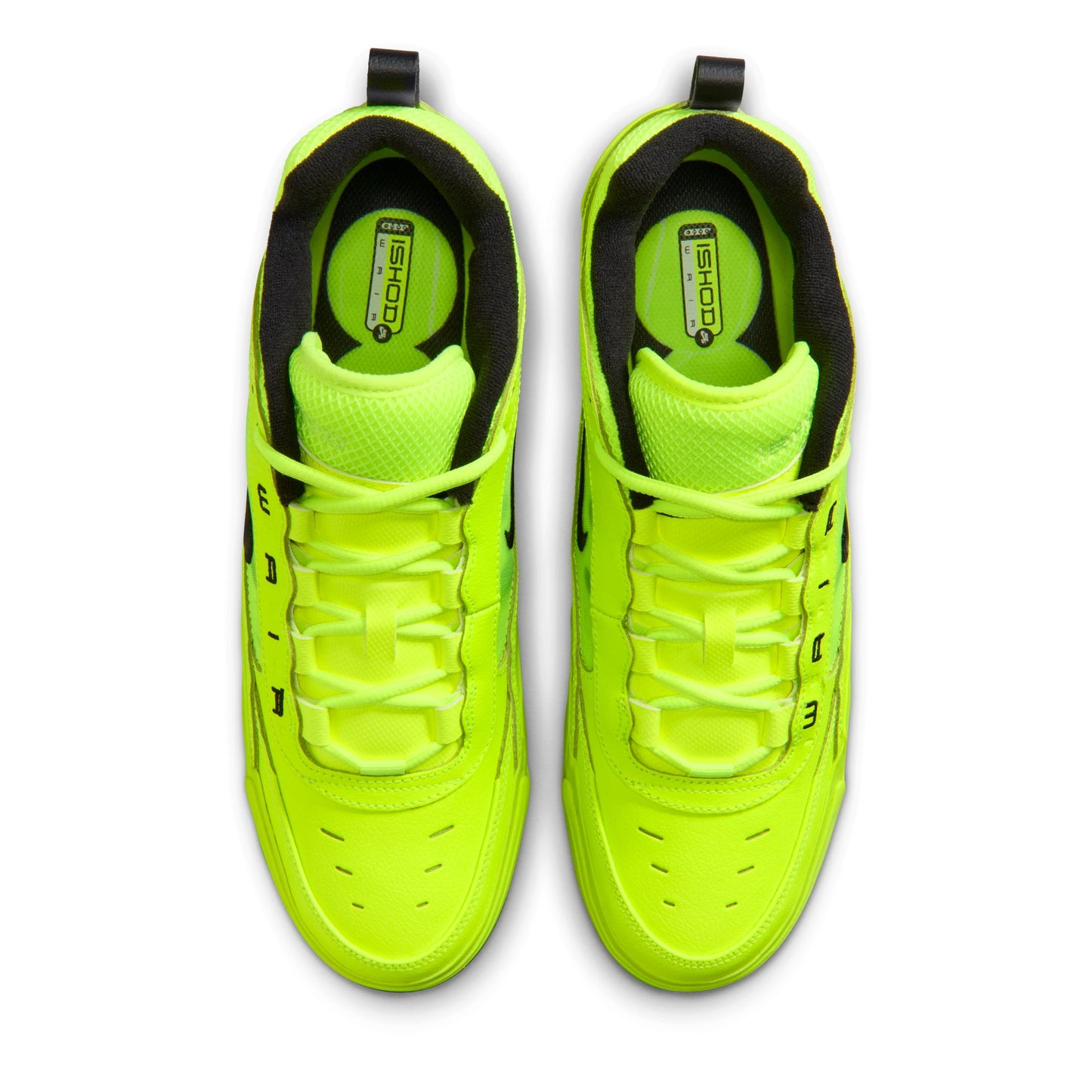 Pair of neon green sneakers with black accents on a white background