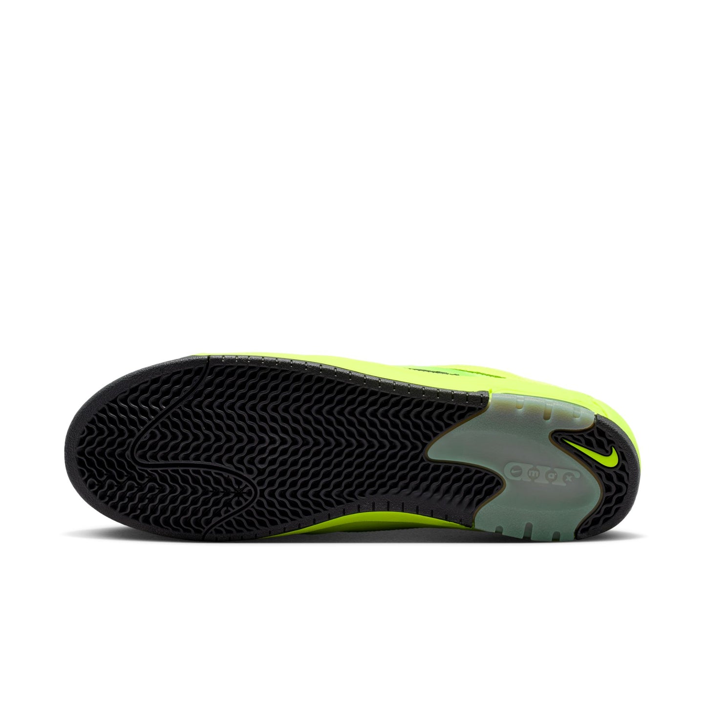 Black and teal shoe sole with Nike logo on a white background