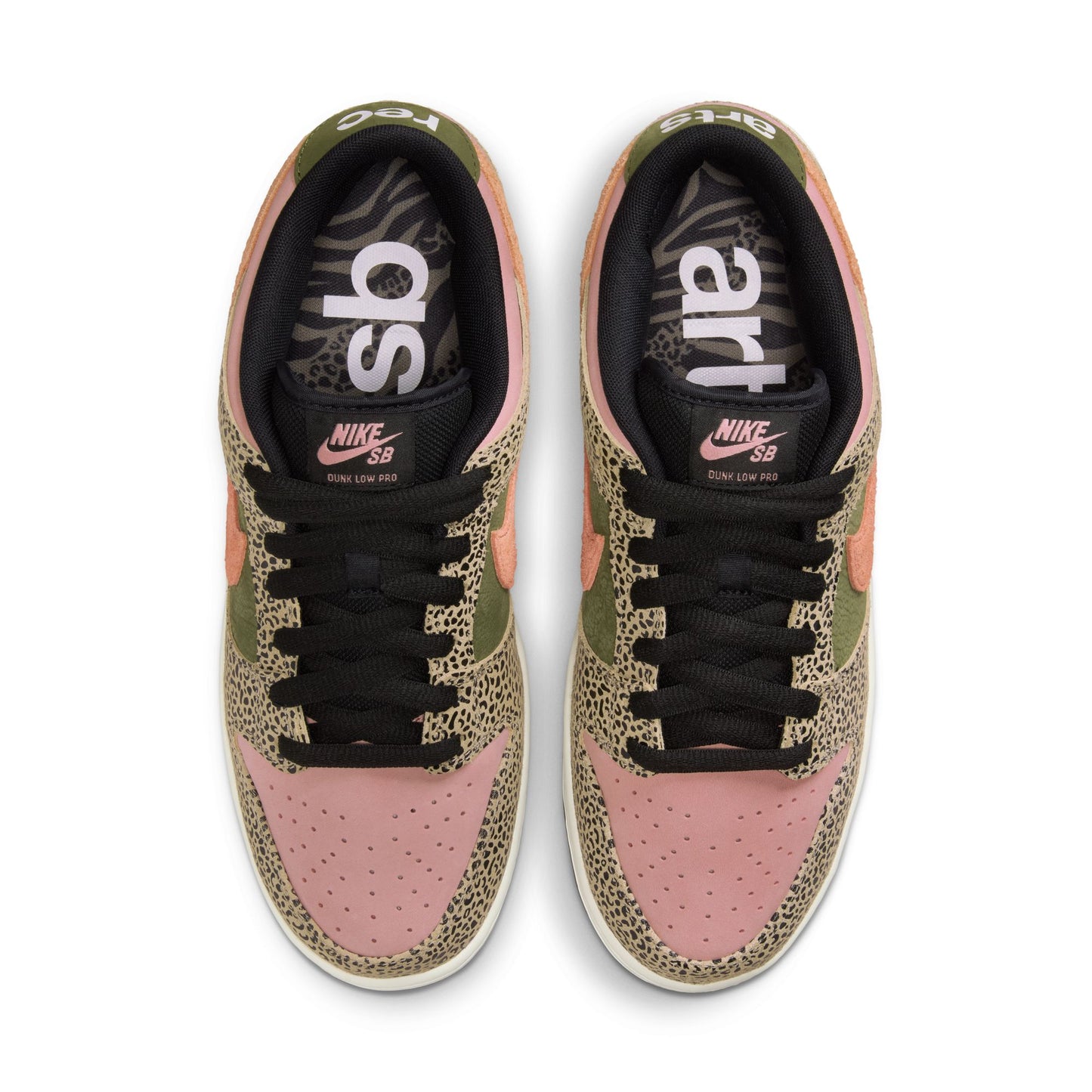 Pair of Nike sneakers with pink and green pattern on a white background