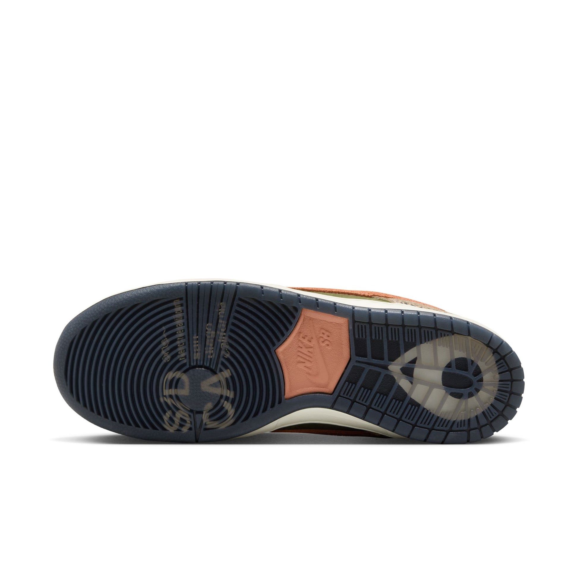 Sole of a shoe with brand logo on a white background