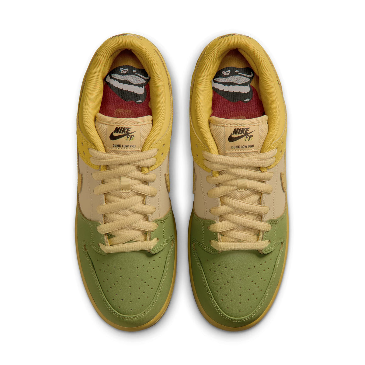 A pair of Nike Dunk Low Pro sneakers shown from a top-down view. The shoes feature a sage green leather upper, cream-colored overlays and laces, a yellow collar and midsole, and a red and black graphic print on the inner lining.