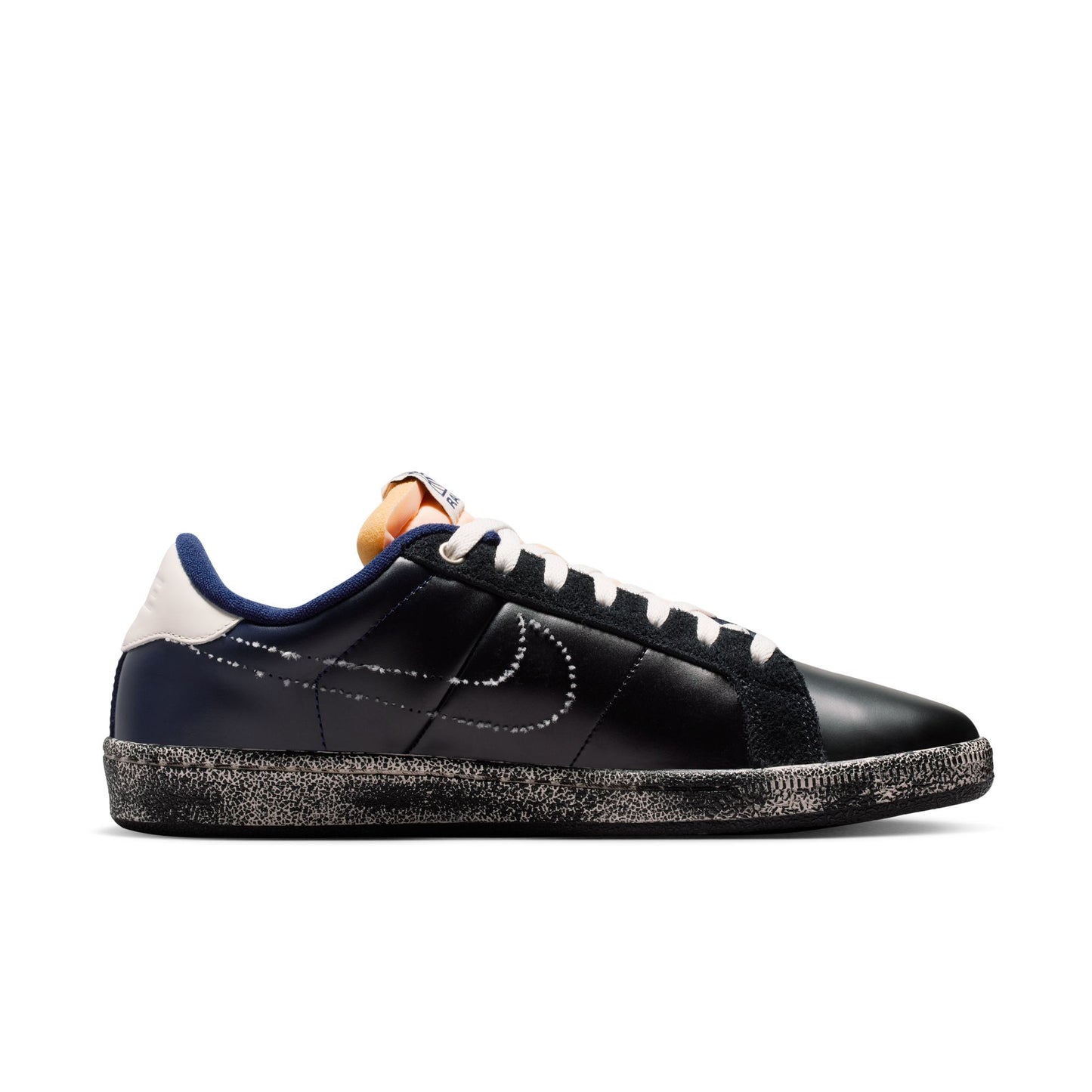inside view of Black sneaker with white and blue accents on a white background