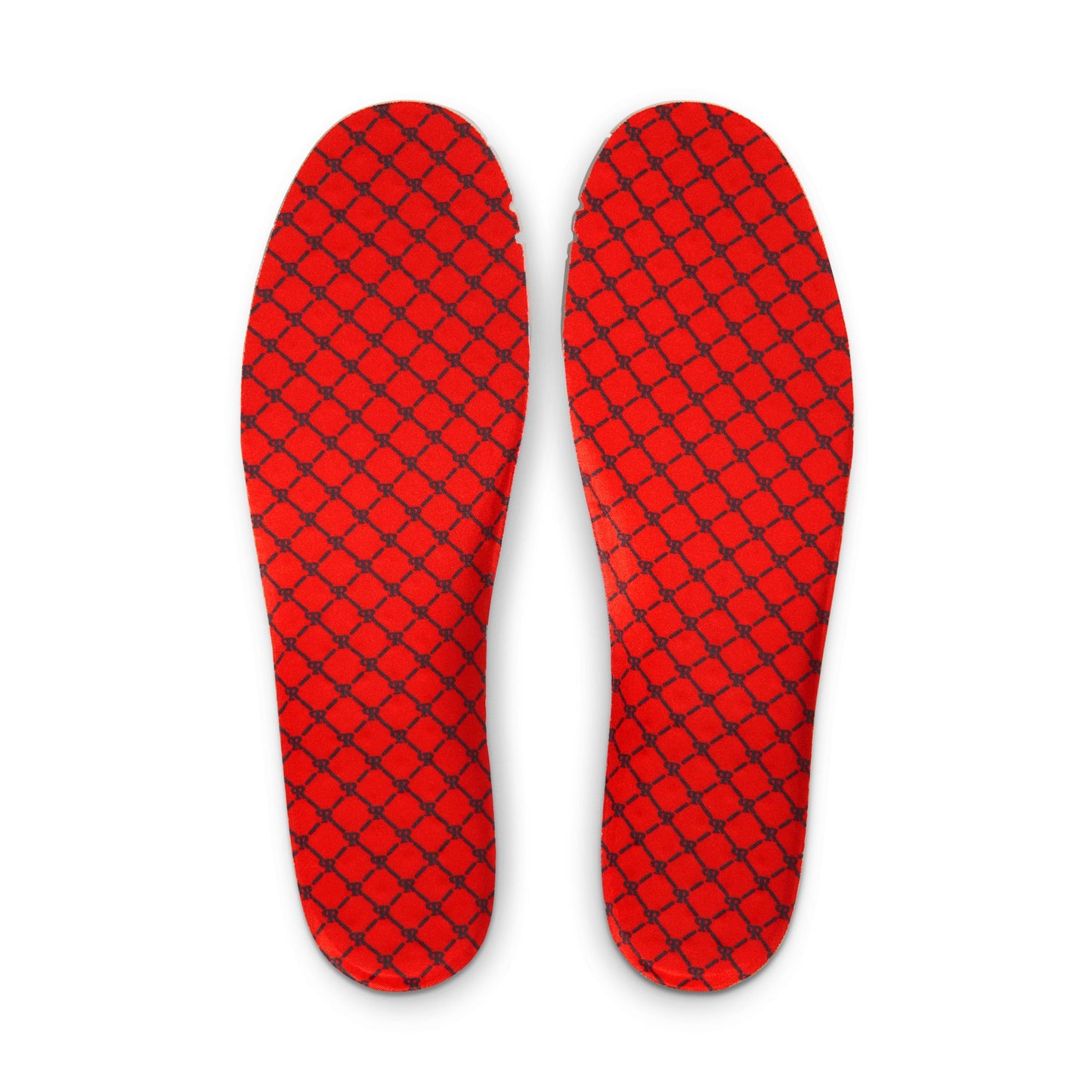 Red shoe insoles with black lattice pattern on a white background