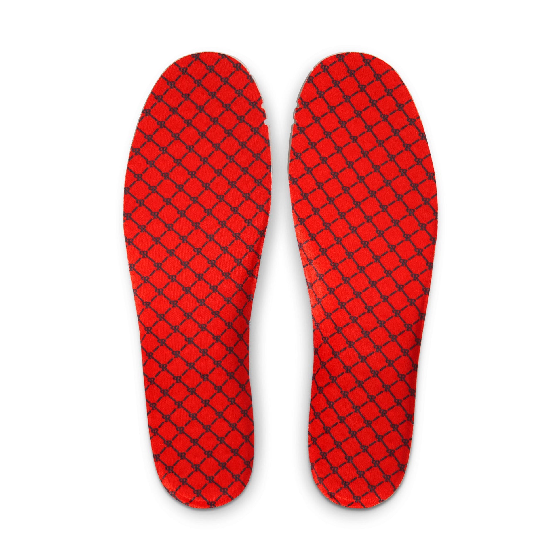 Red shoe insoles with black lattice pattern on a white background