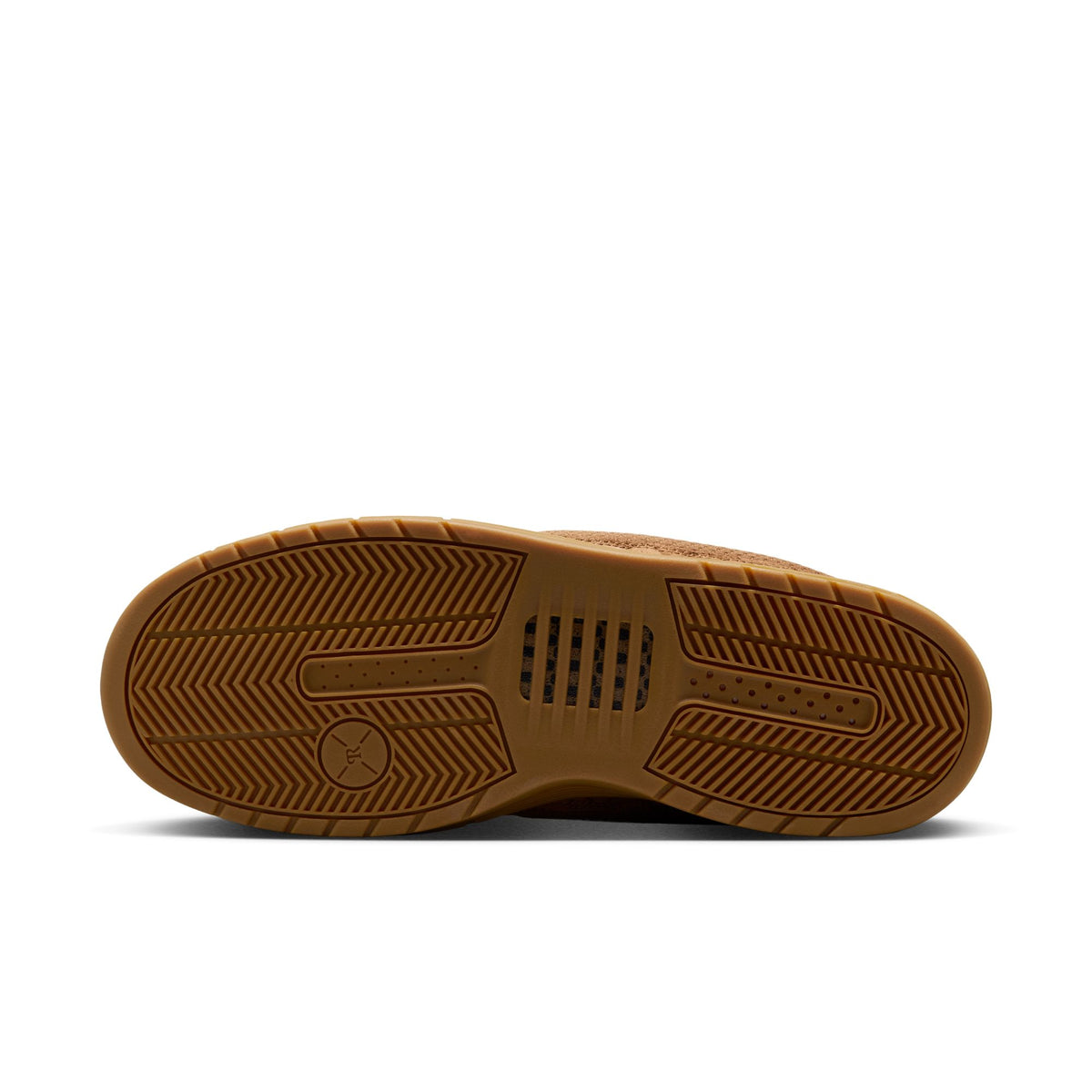 The brown rubber outsole of a shoe, shown from a top-down view against a white background.