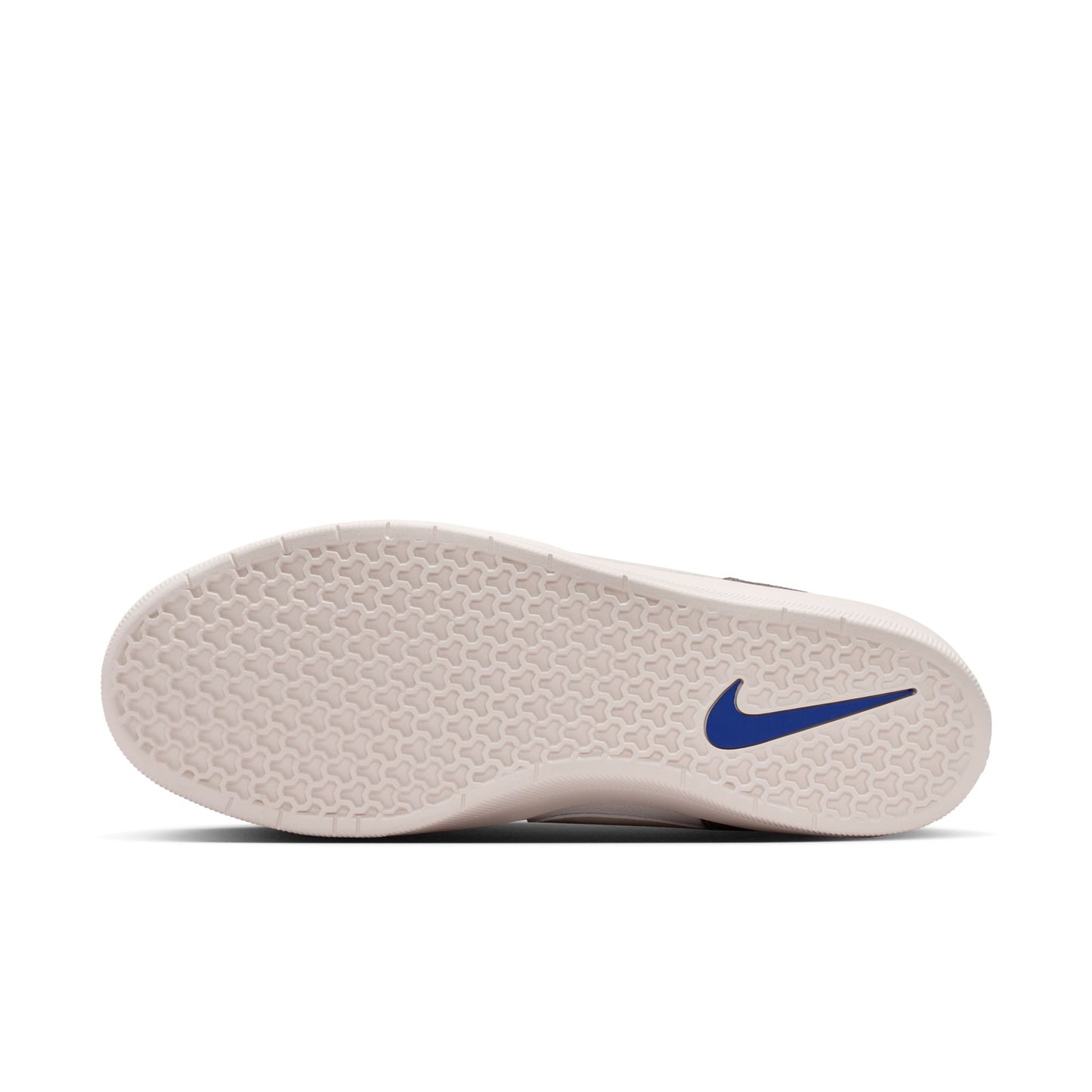 Sole of a shoe with a blue Nike logo on a white background