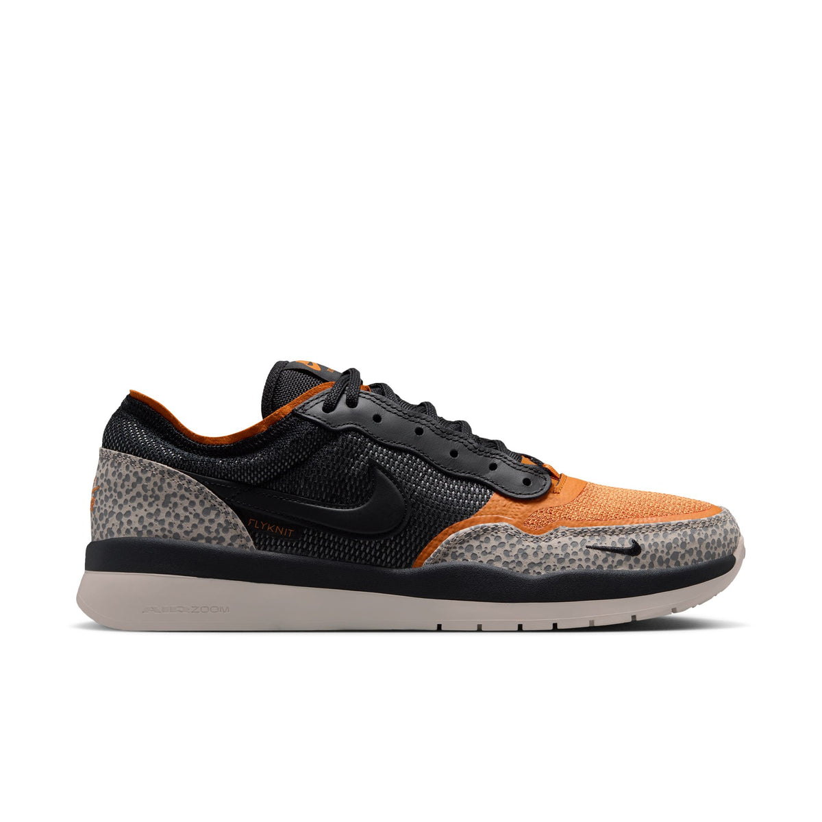 Nike SB PS8 Sneaker with black, orange, and gray pattern on a white background