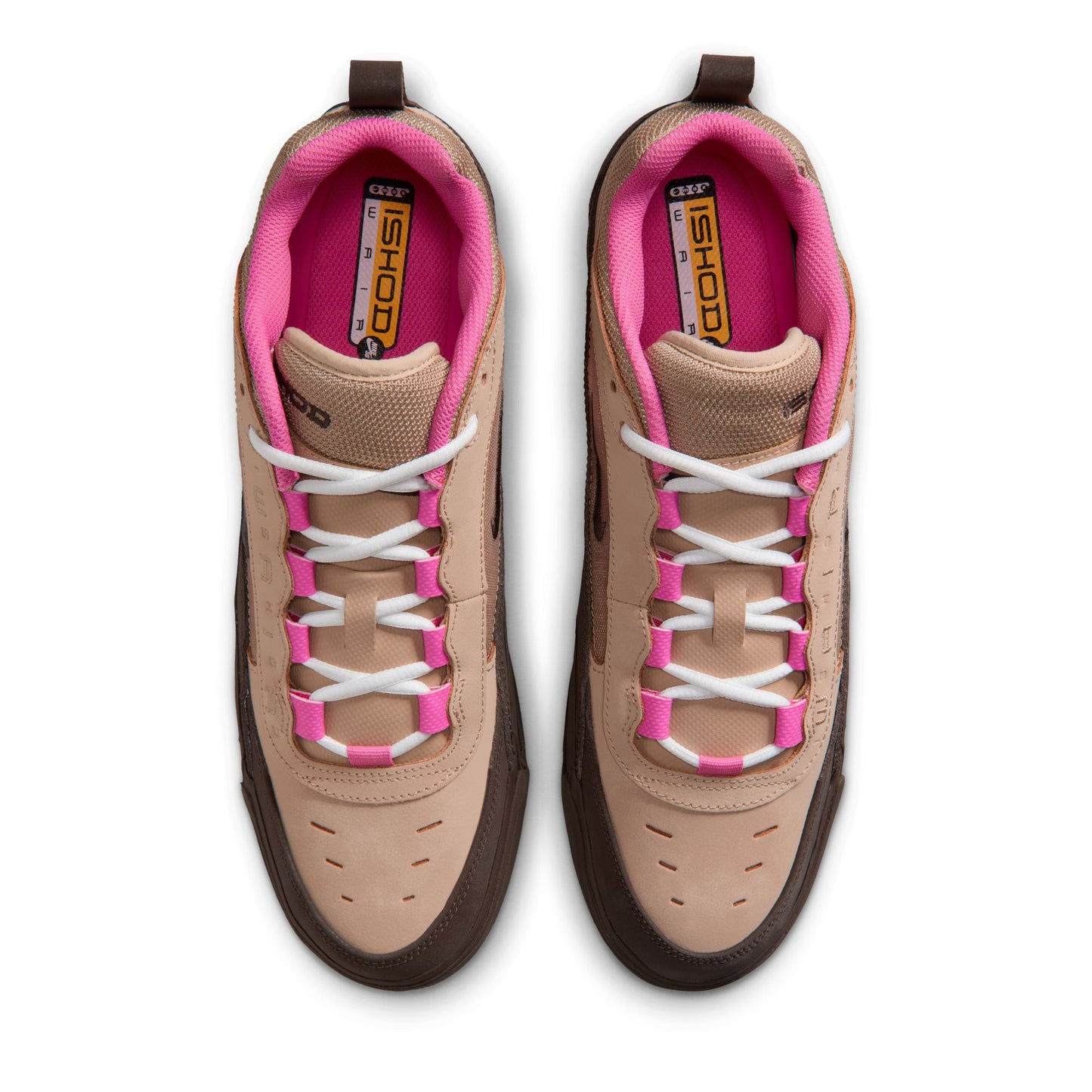 Pair of tan and pink sneakers with white laces on a white background