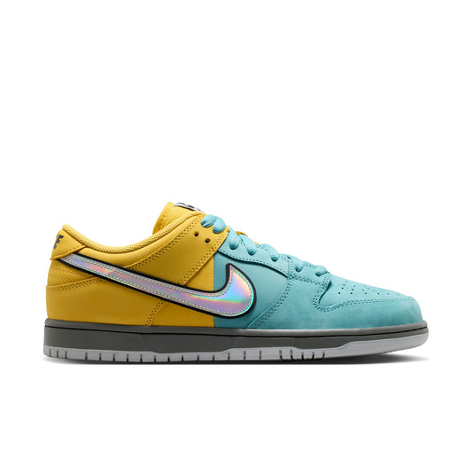 side view of blue and yellow nike dunk with metallic swoosh