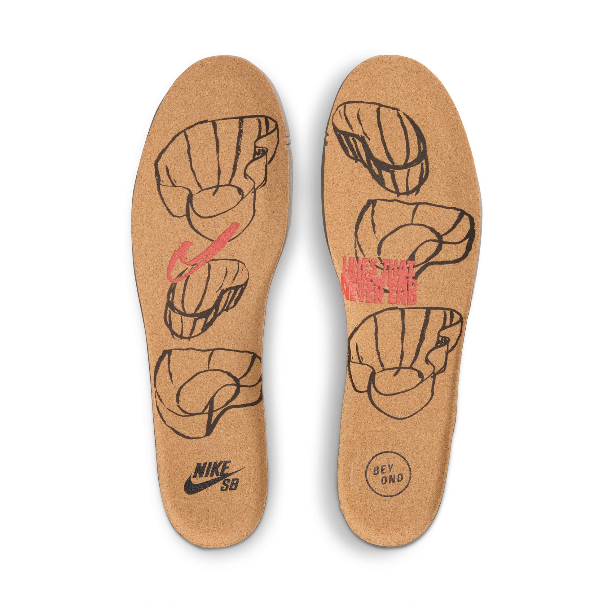 A pair of Nike SB custom insoles on a white background, featuring a tan cork-like texture with black line art of baseball gloves, a red scribble, and the black Nike SB logo.