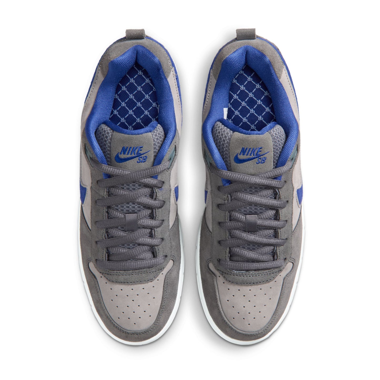 Gray and blue Nike SB sneakers on a white background