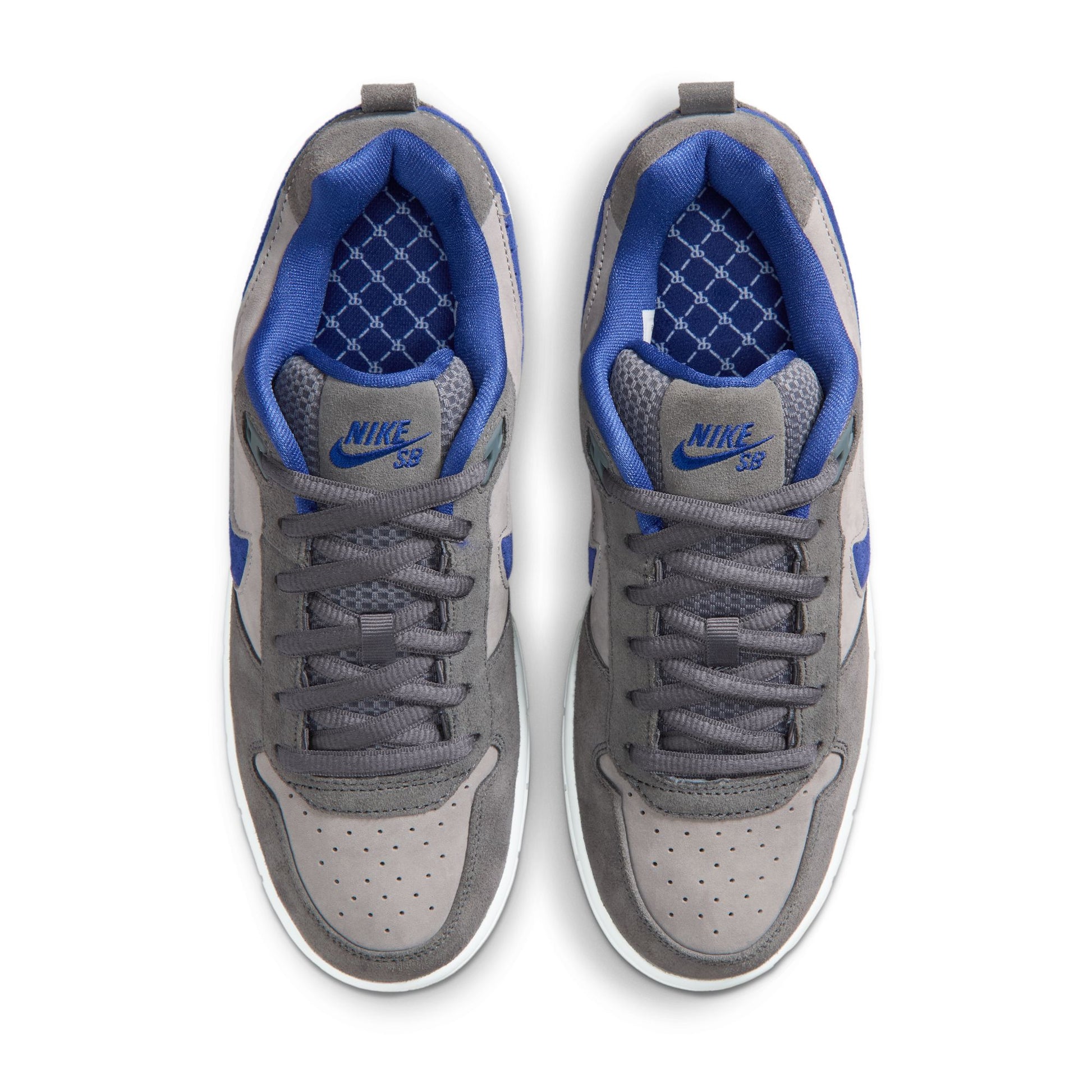 Gray and blue Nike SB sneakers on a white background