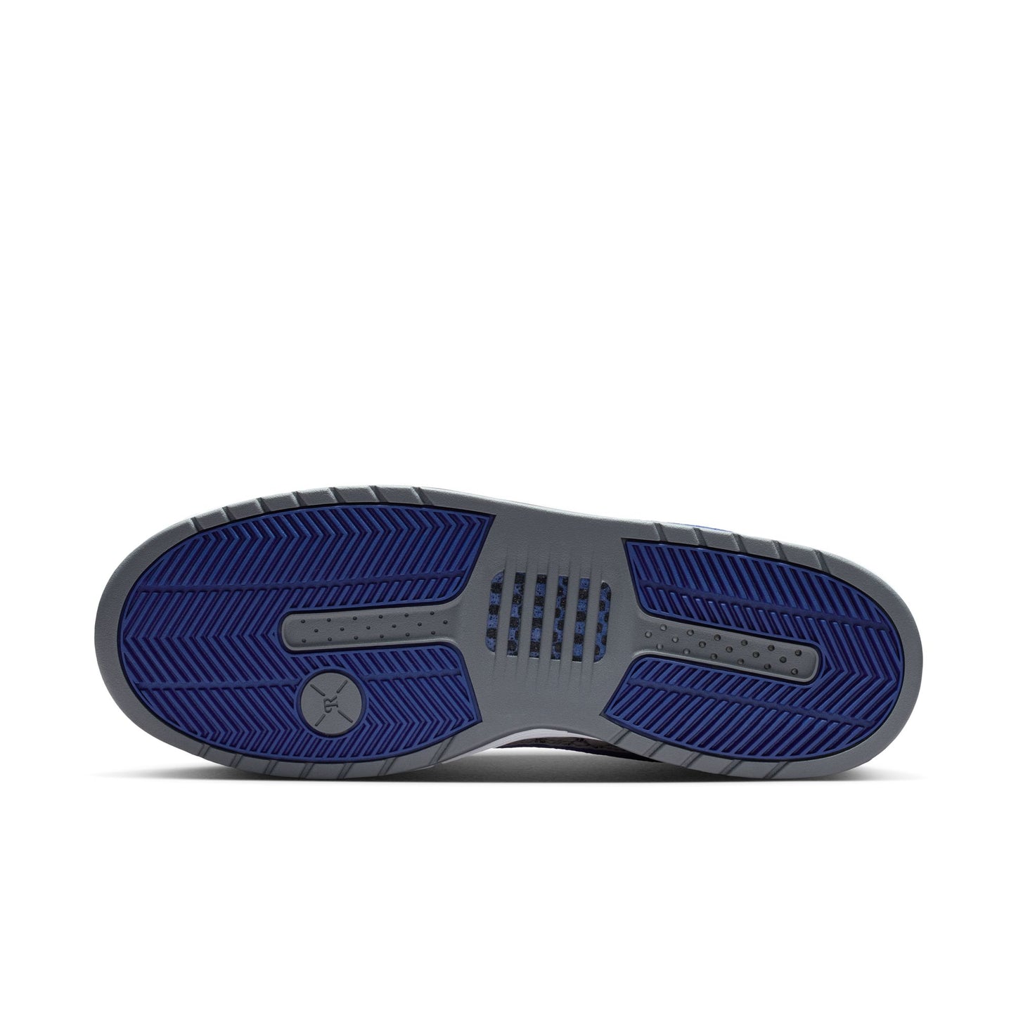 Sole of a shoe with blue and gray design on a white background