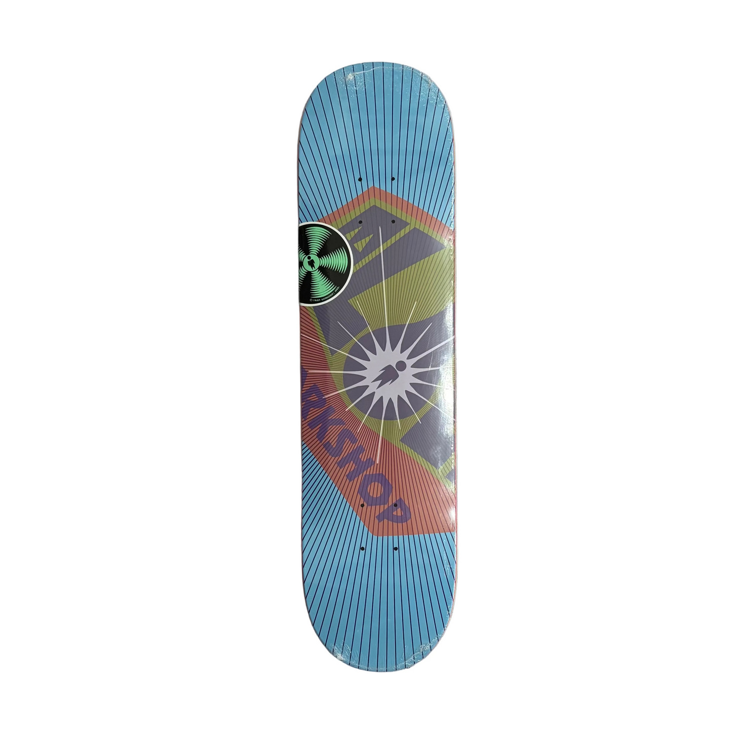 A skateboard deck with a colorful graphic design featuring the text 'ALIEN WORKSHOP' and a starburst motif, photographed from above on a white background