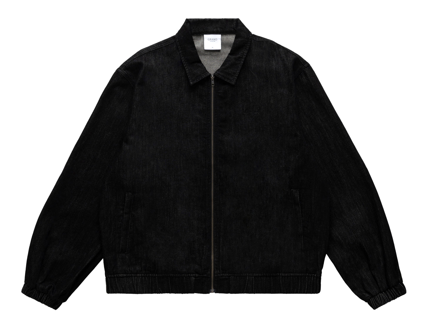 Black denim jacket on a white background