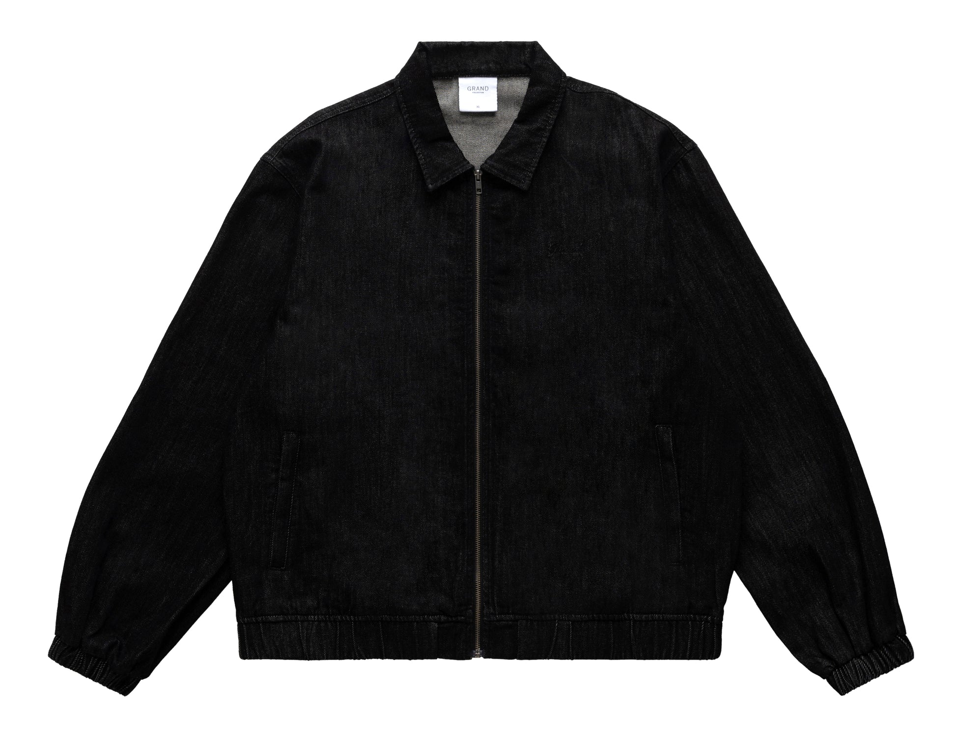 Black denim jacket on a white background