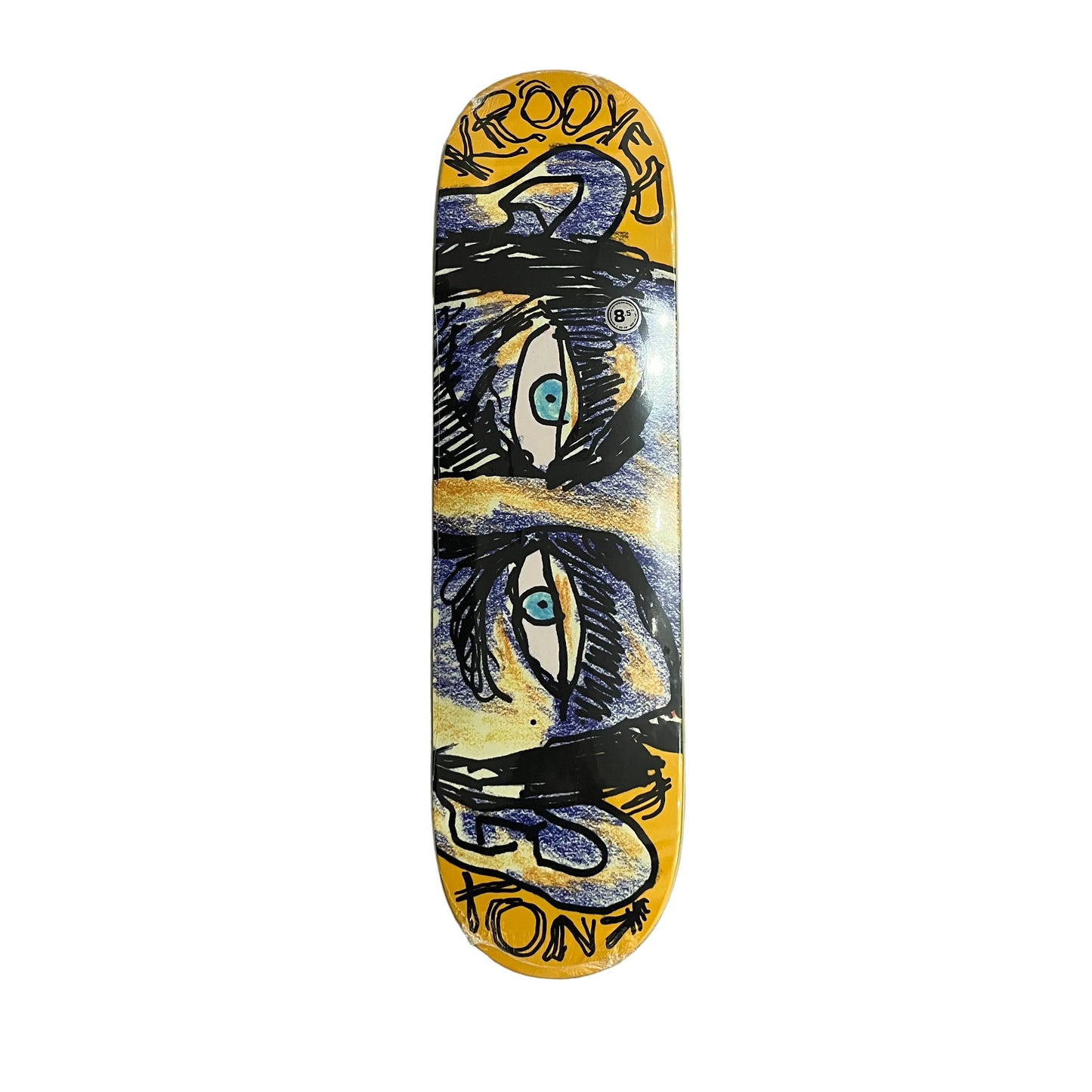 A skateboard deck featuring a yellow background with a stylized graphic of two eyes and the text 'KROOKED' and 'KNOX', photographed flat on a white surface.