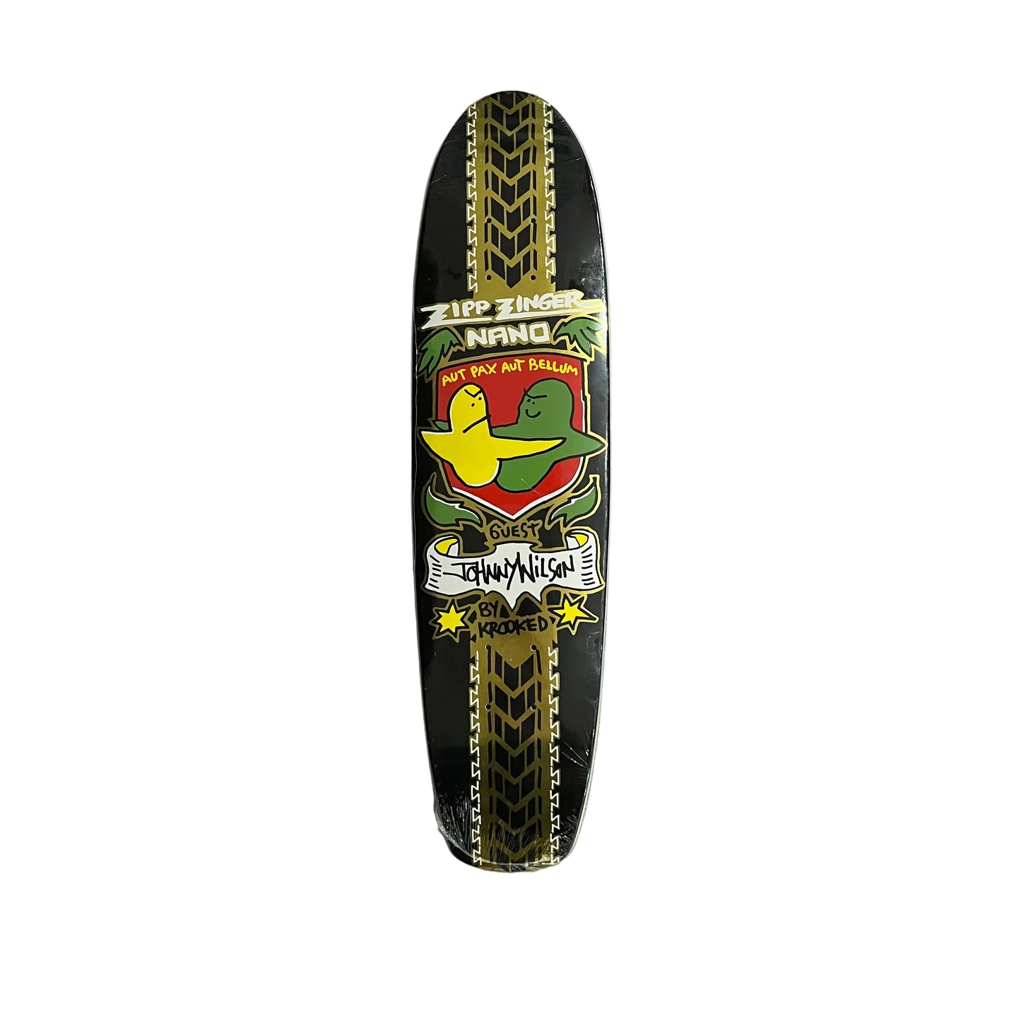 A skateboard deck featuring a black background with gold tire tread patterns on both sides and a colorful central graphic of two characters  over a red background, displayed against a white surface.