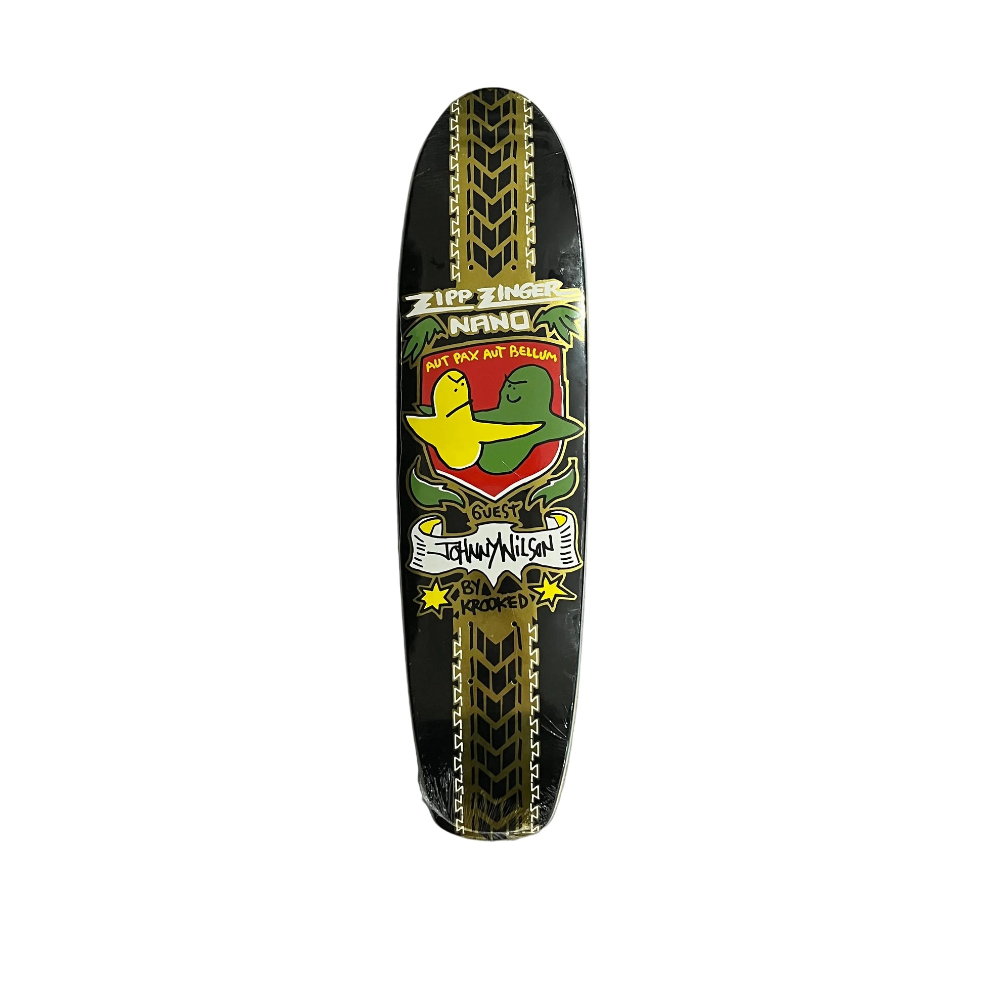A skateboard deck featuring a black background with gold tire tread patterns on both sides and a colorful central graphic of two characters  over a red background, displayed against a white surface.